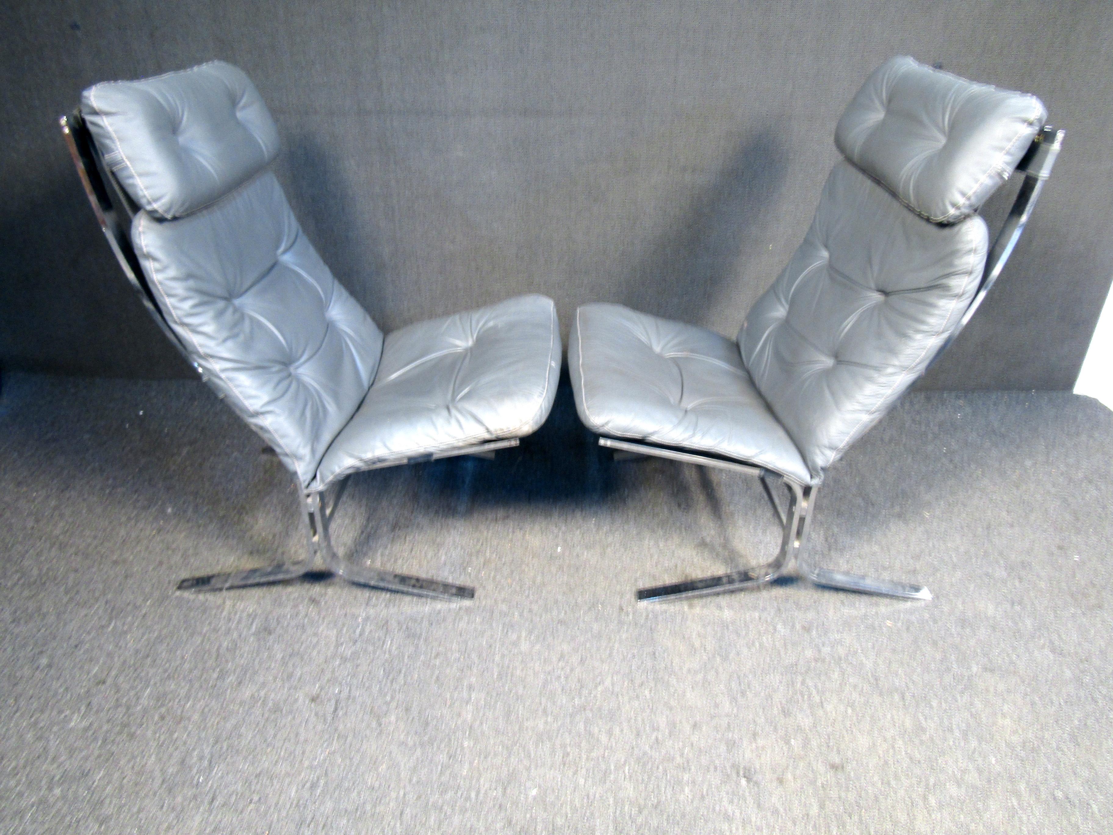 Pair of Italian Tufted Chrome & Leather Lounge Chairs with Ottomans For Sale 1