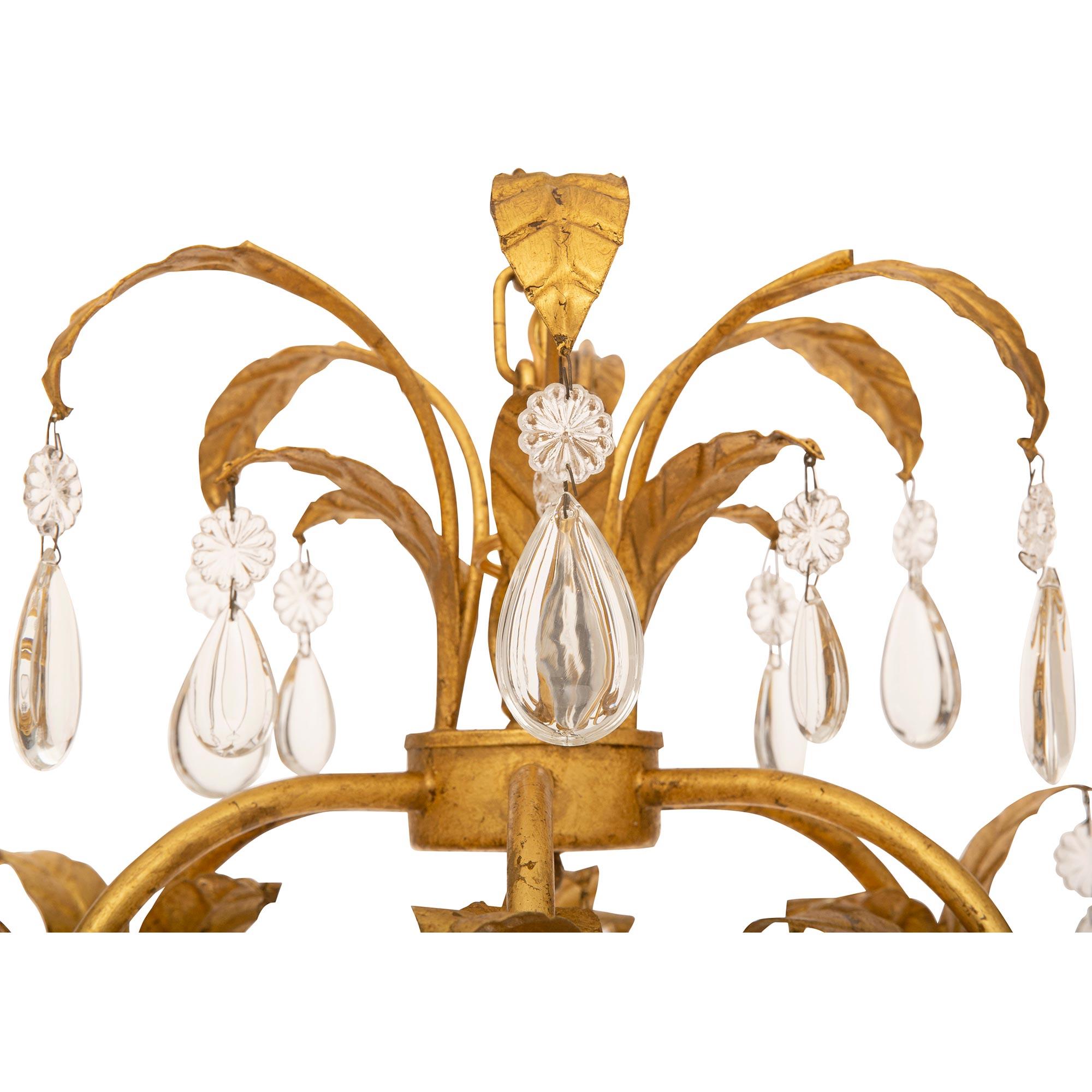  Pair of Italian turn of the cent Louis XV st. gilt metal and cryst chandeliers In Good Condition For Sale In West Palm Beach, FL