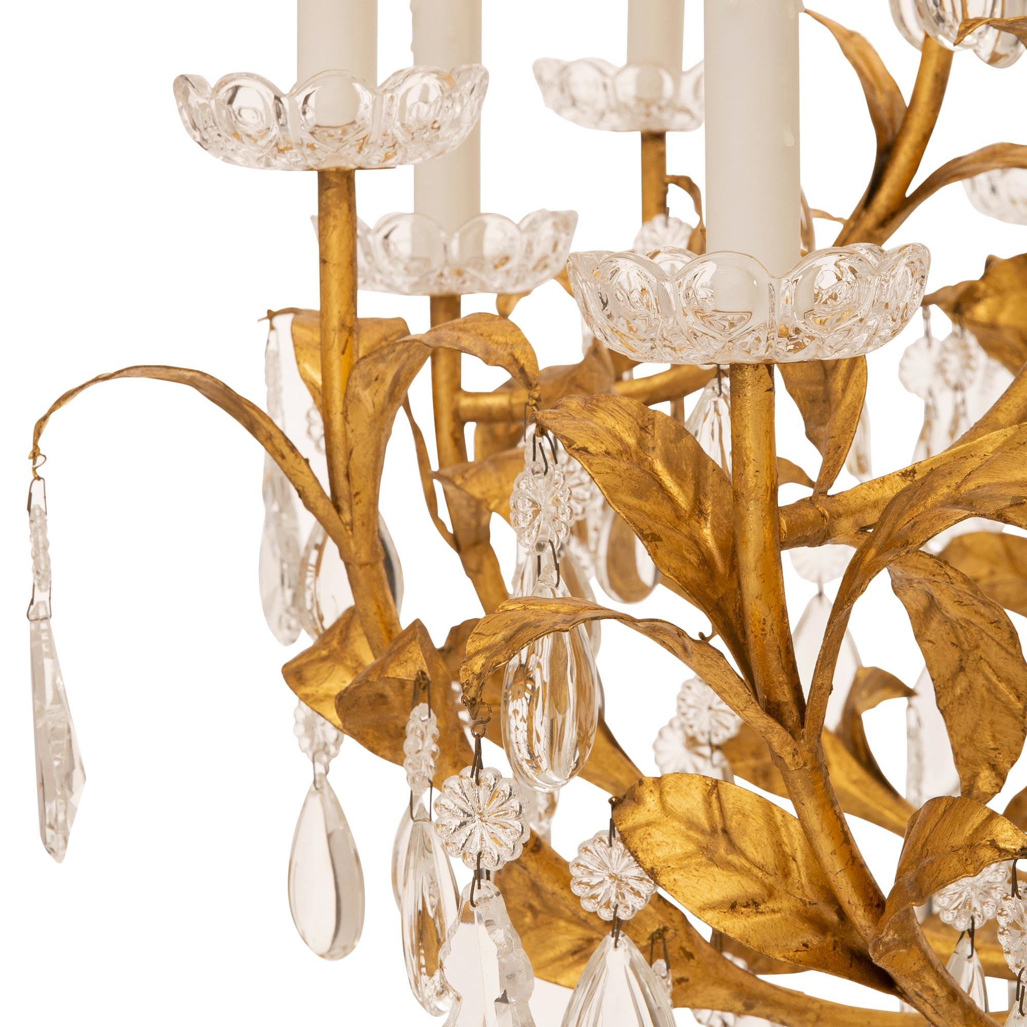  Pair of Italian turn of the cent Louis XV st. gilt metal and cryst chandeliers For Sale 1
