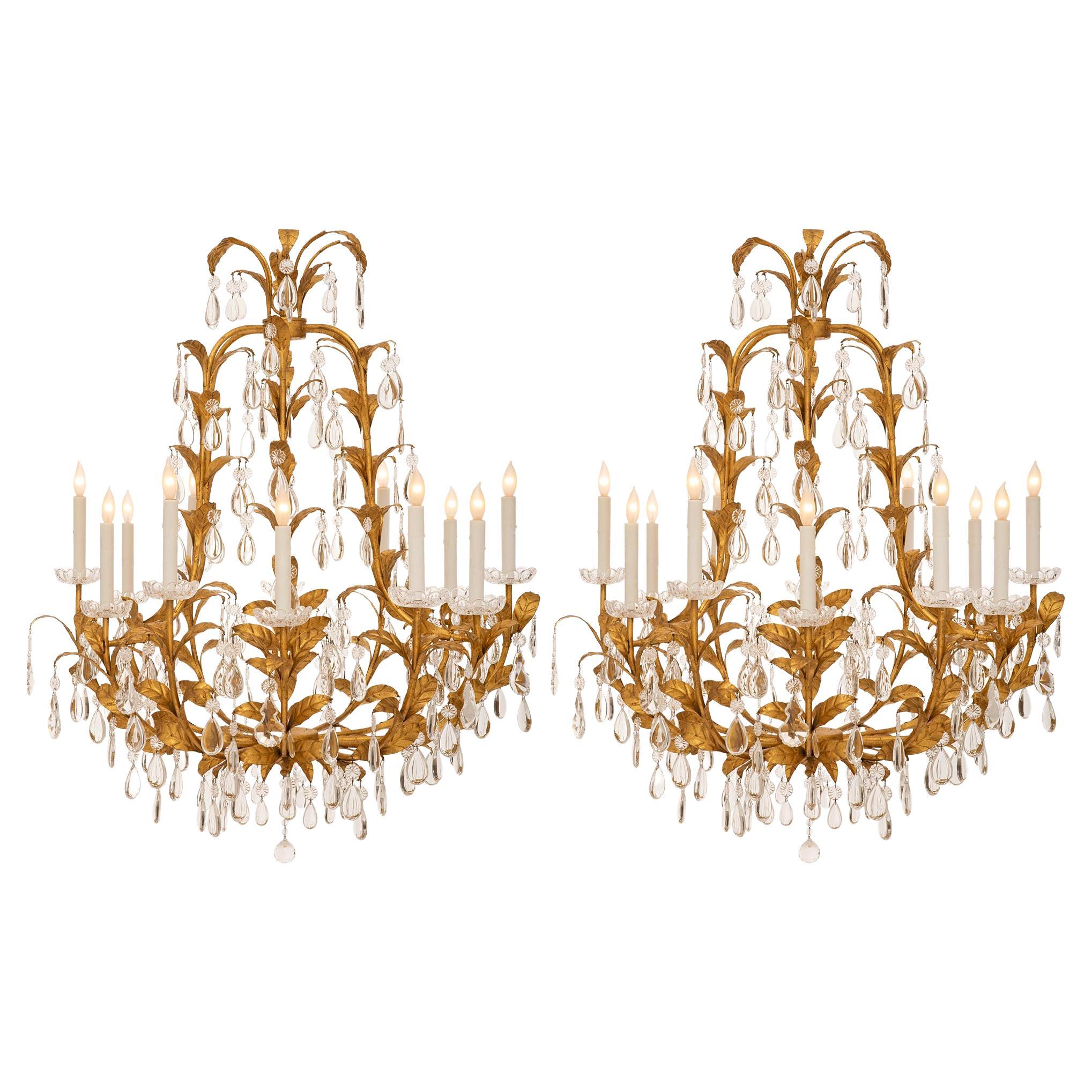  Pair of Italian turn of the cent Louis XV st. gilt metal and cryst chandeliers For Sale