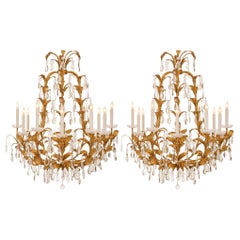 Pair of Italian turn of the cent Louis XV st. gilt metal and cryst chandeliers