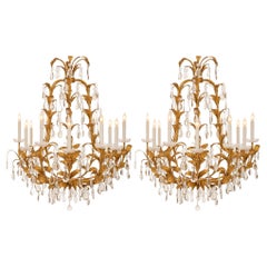 Antique  Pair of Italian turn of the cent Louis XV st. gilt metal and cryst chandeliers