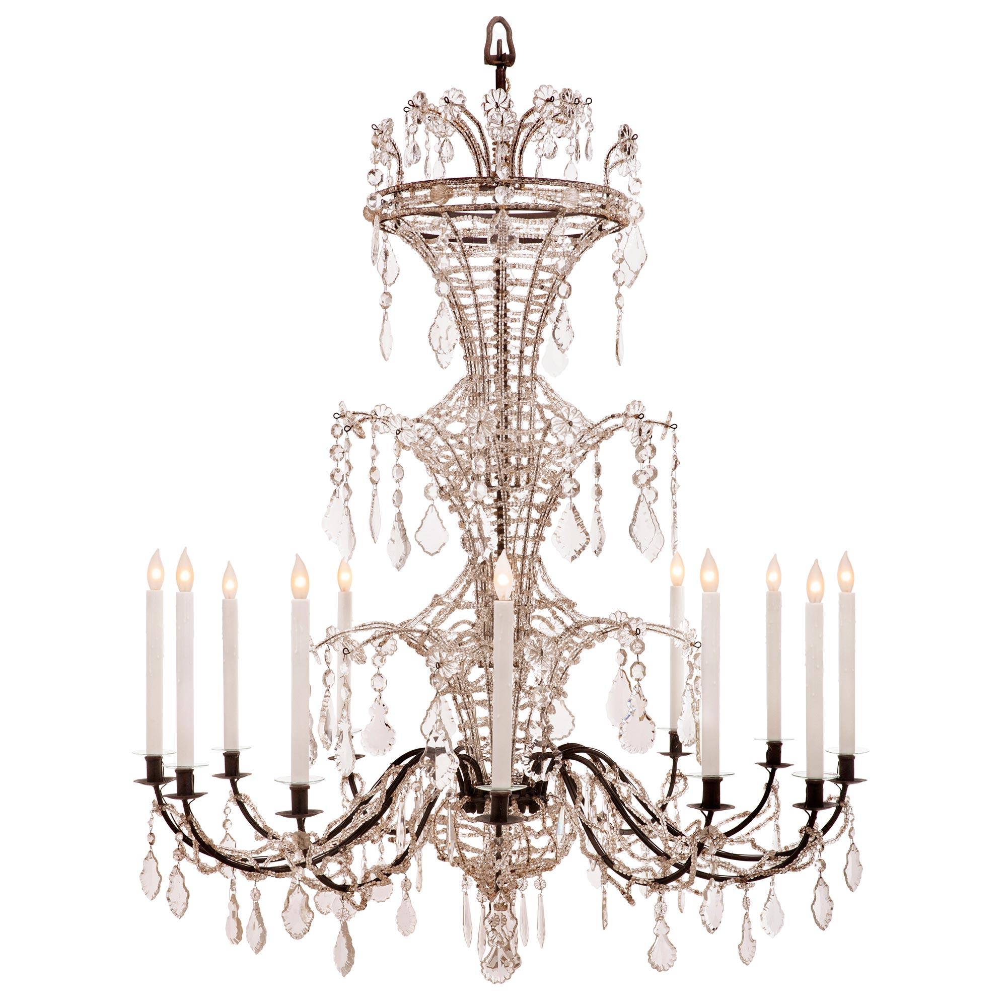 Pair of Italian Turn of the Century Iron and Crystal Venetian St. Chandeliers In Good Condition For Sale In West Palm Beach, FL