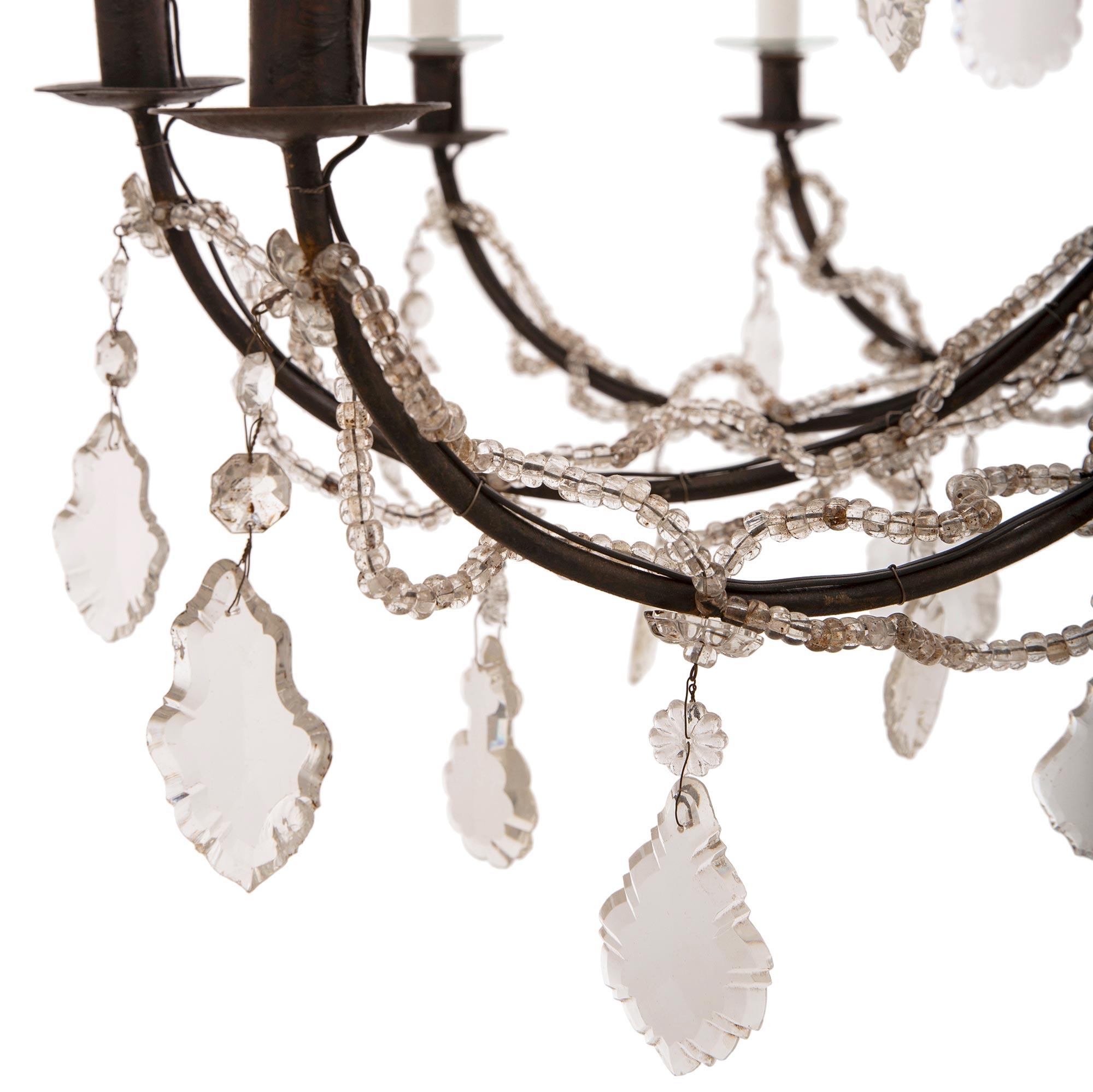 Pair of Italian Turn of the Century Iron and Crystal Venetian St. Chandeliers For Sale 4