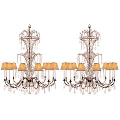 Vintage Pair of Italian Turn of the Century Iron and Crystal Venetian St. Chandeliers
