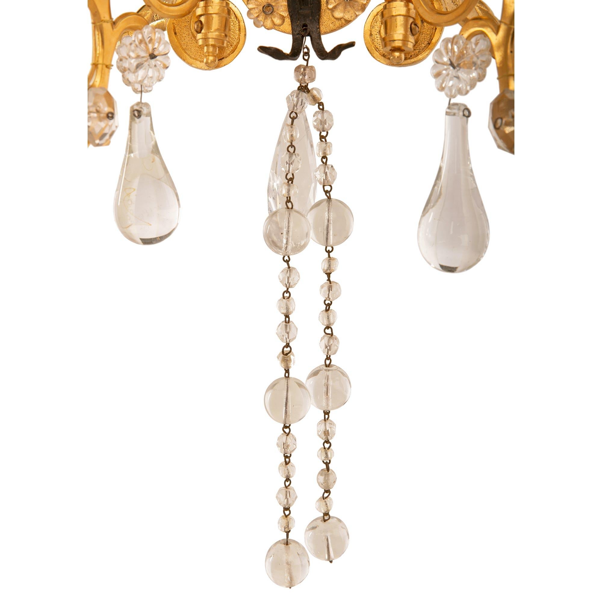 Pair of Italian Turn of the Century Louis XVI St. Ormolu and Crystal Sconces For Sale 1