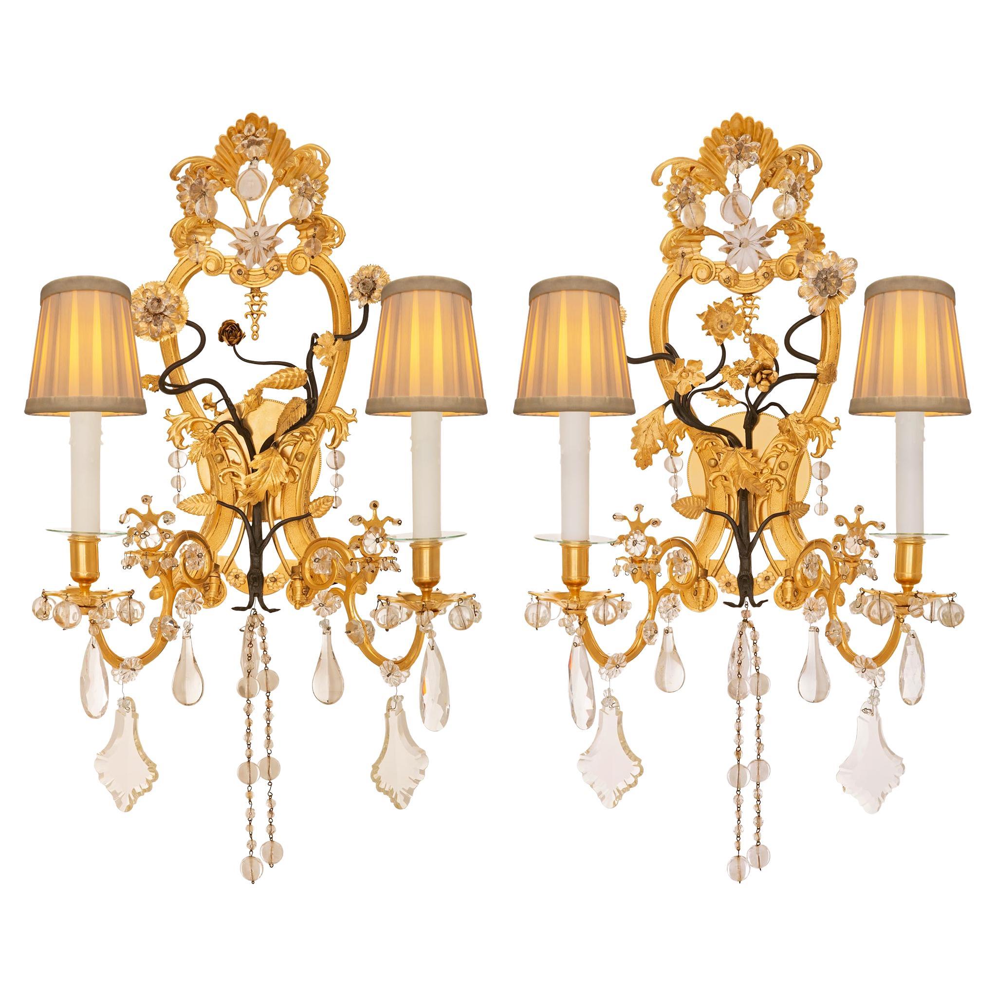 Pair of Italian Turn of the Century Louis XVI St. Ormolu and Crystal Sconces For Sale