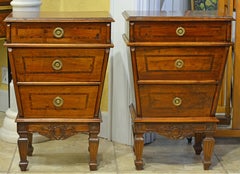 Pair of Italian Turn of the Century Tapering Three-Drawer Walnut Commodes