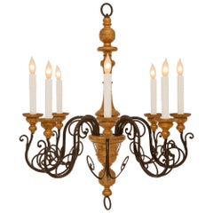 Pair Of Italian Turn Of The Century Wrought Iron And Giltwood Chandeliers