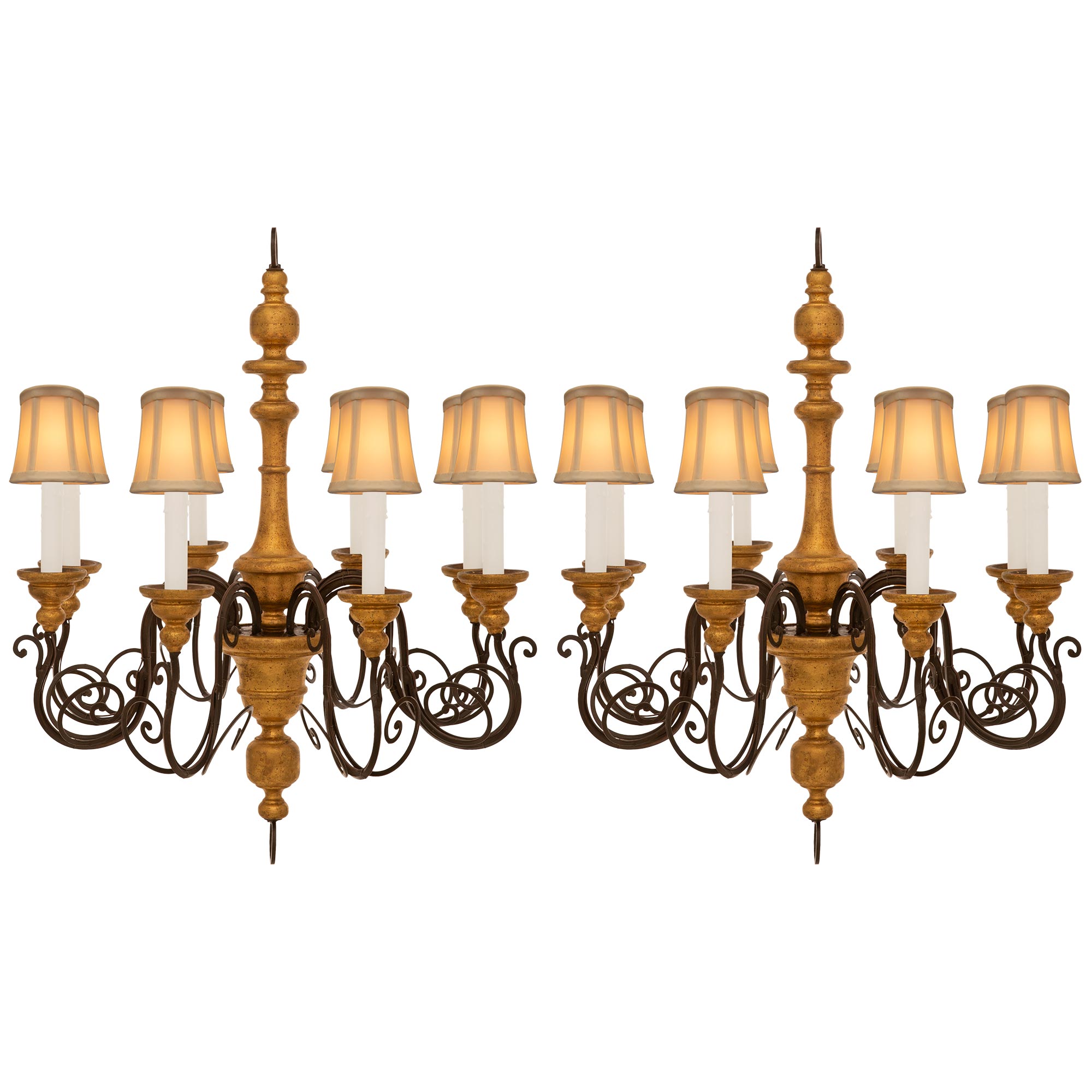 Pair Of Italian Turn Of The Century Wrought Iron And Giltwood Chandeliers For Sale