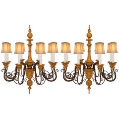 Pair Of Italian Turn Of The Century Wrought Iron And Giltwood Chandeliers