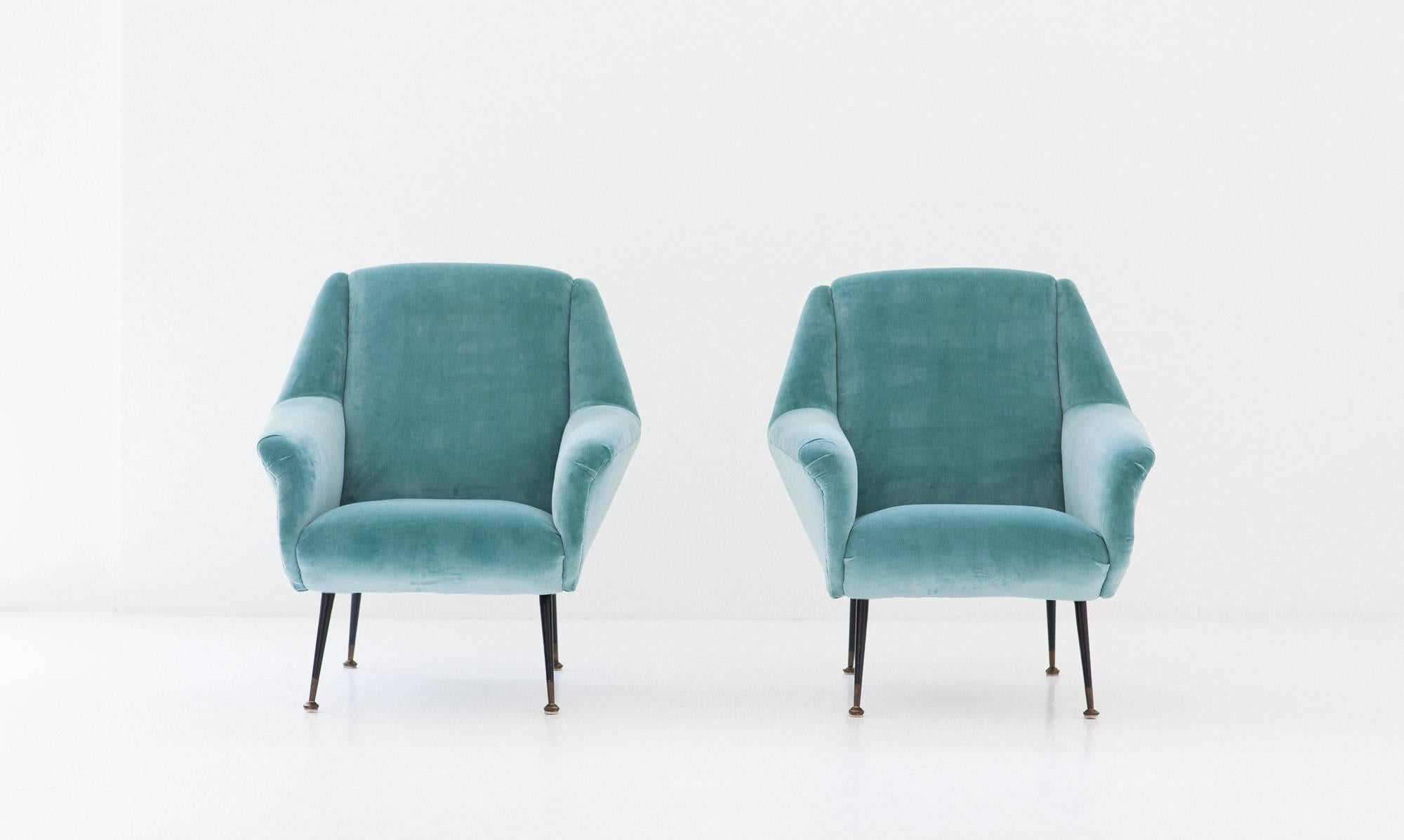 Mid-Century Modern Pair of Italian Turquoise Velvet Lounge Chairs, 1950s