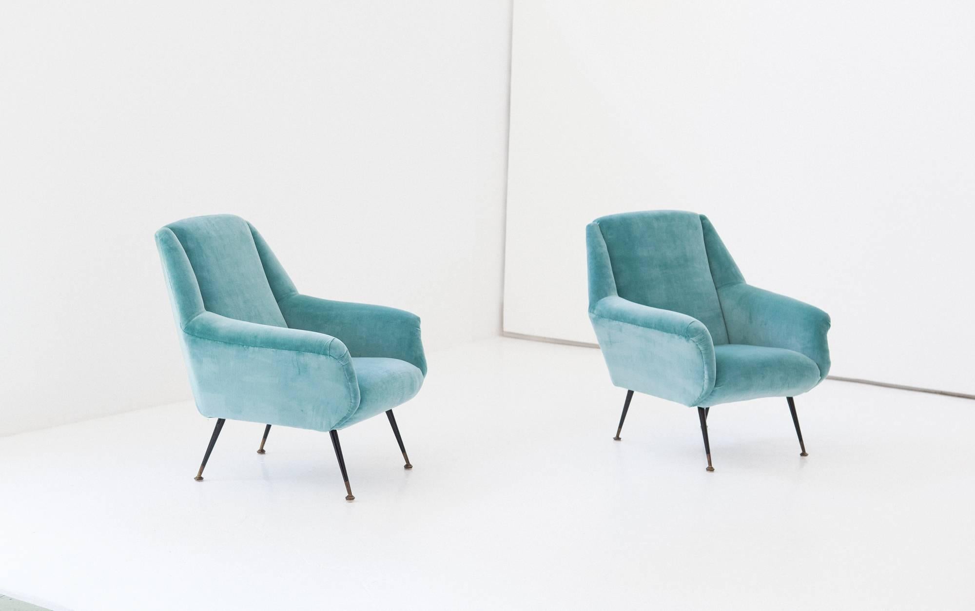 Mid-20th Century Pair of Italian Turquoise Velvet Lounge Chairs, 1950s