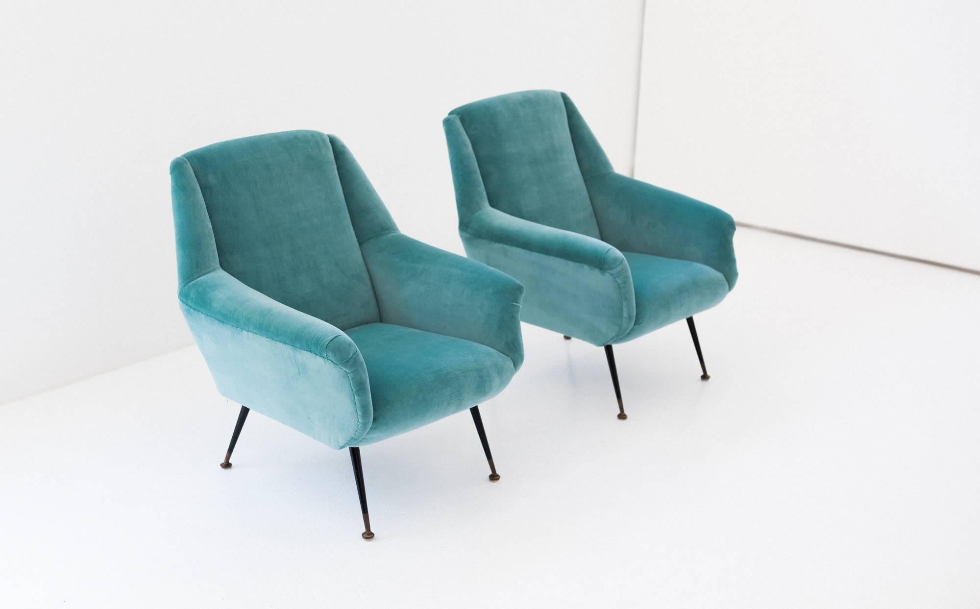 Brass Pair of Italian Turquoise Velvet Lounge Chairs, 1950s