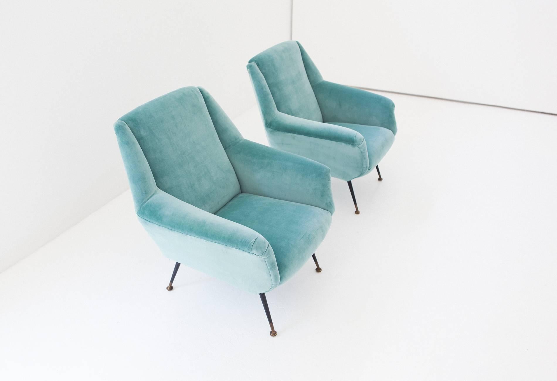 Pair of Italian Turquoise Velvet Lounge Chairs, 1950s 1