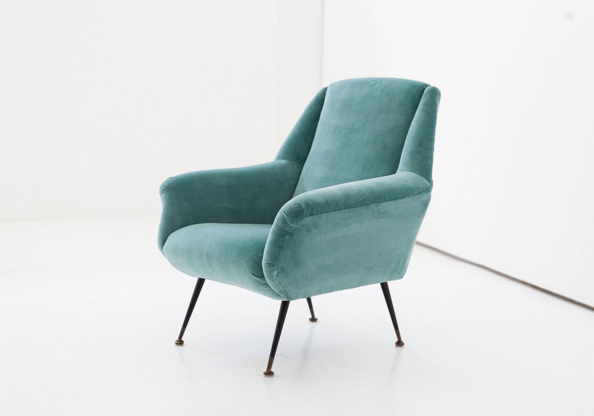 Pair of Italian Turquoise Velvet Lounge Chairs, 1950s 2