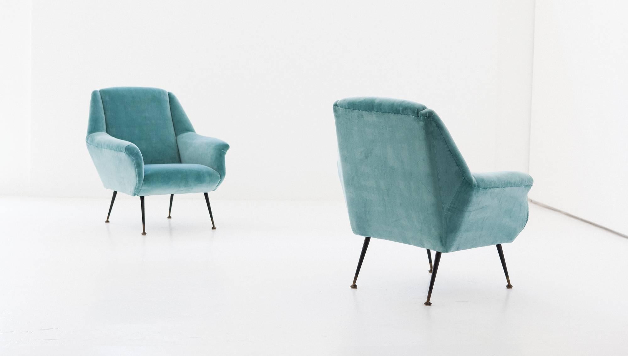 Pair of Italian Turquoise Velvet Lounge Chairs, 1950s 3