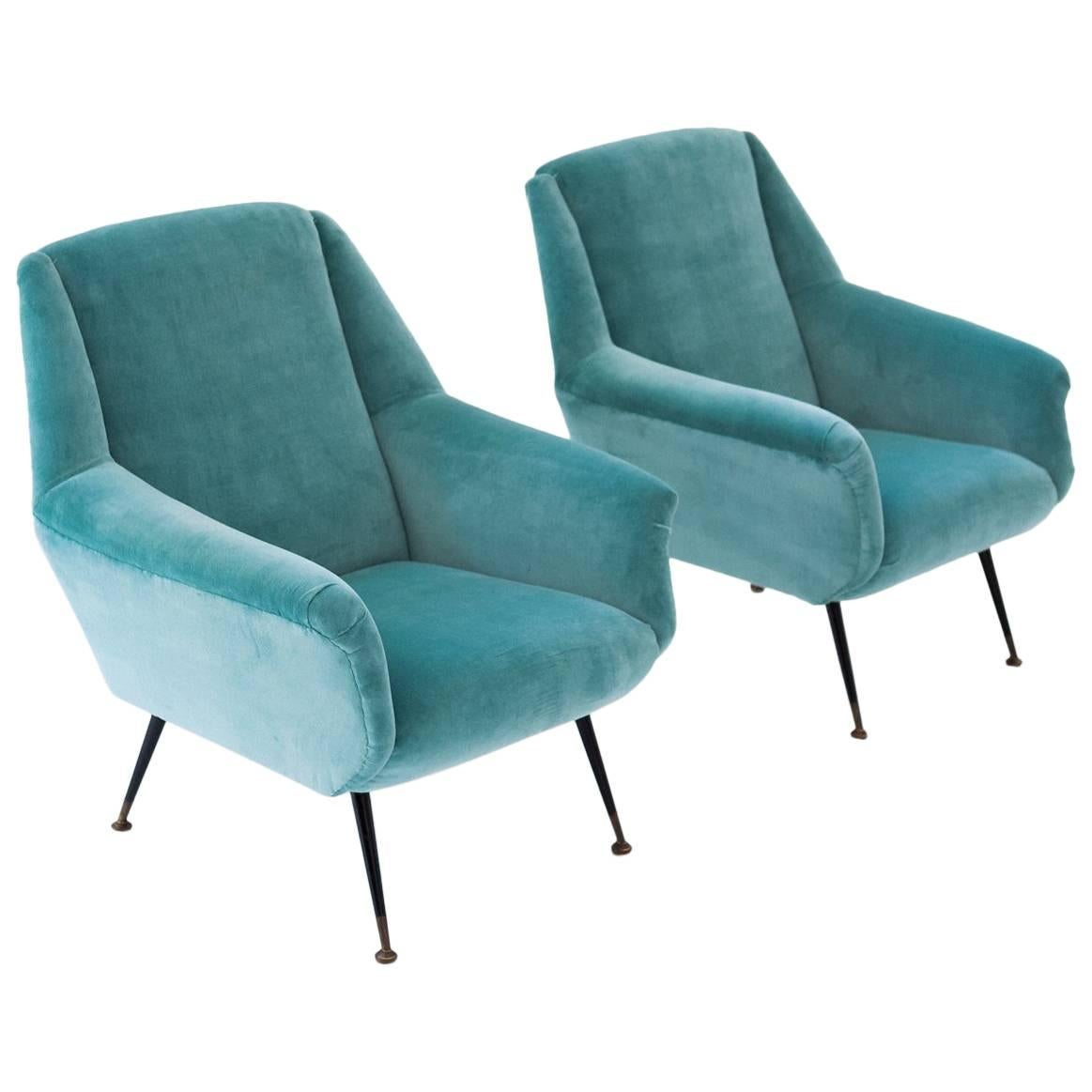 Pair of Italian Turquoise Velvet Lounge Chairs, 1950s