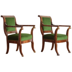 Pair of Italian, Tuscan, Empire Period Walnut and Giltwood Armchairs