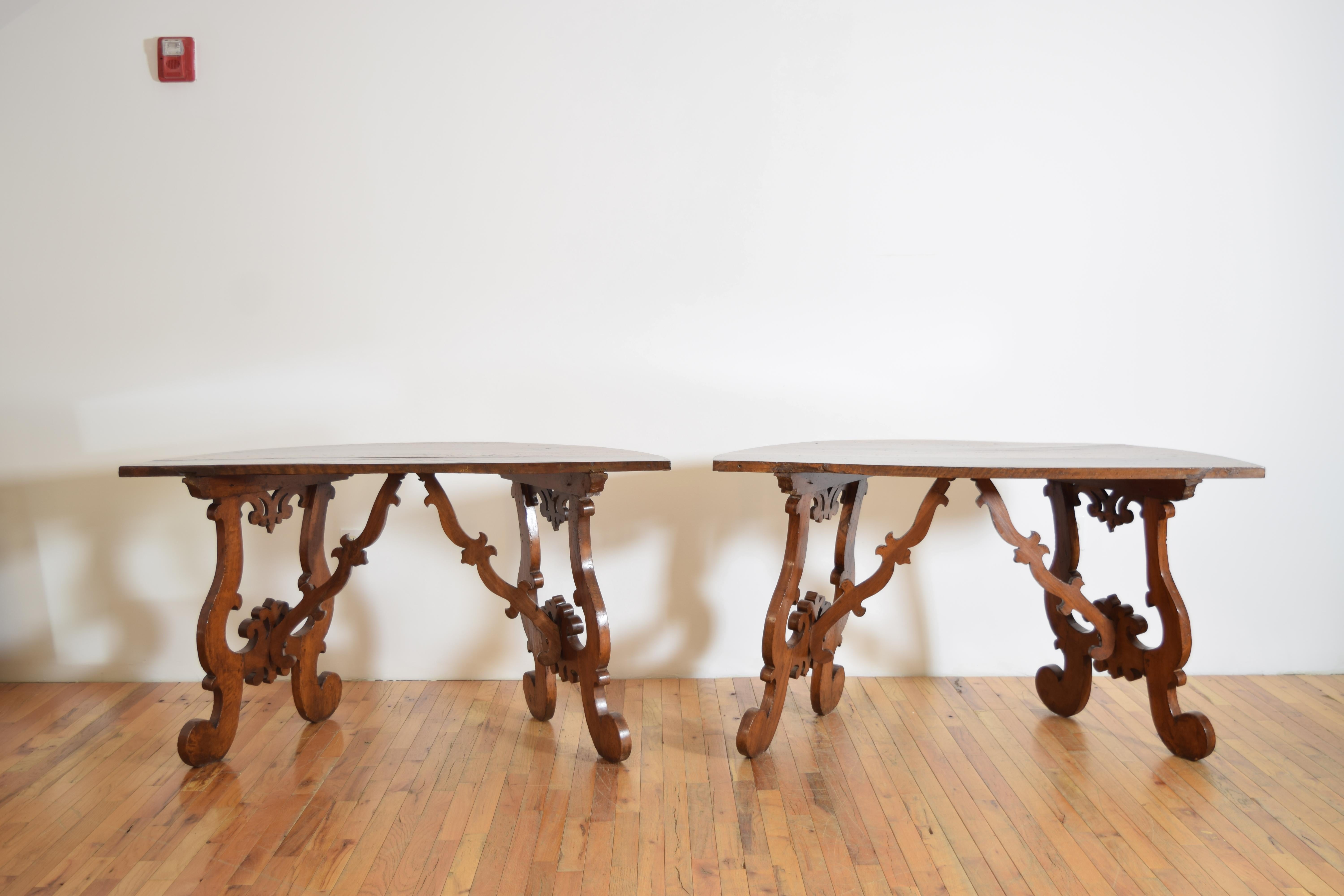 Pair of Italian, Tuscany, Shaped & Inlaid Demilune Console Tables, Mid-17th C. 6