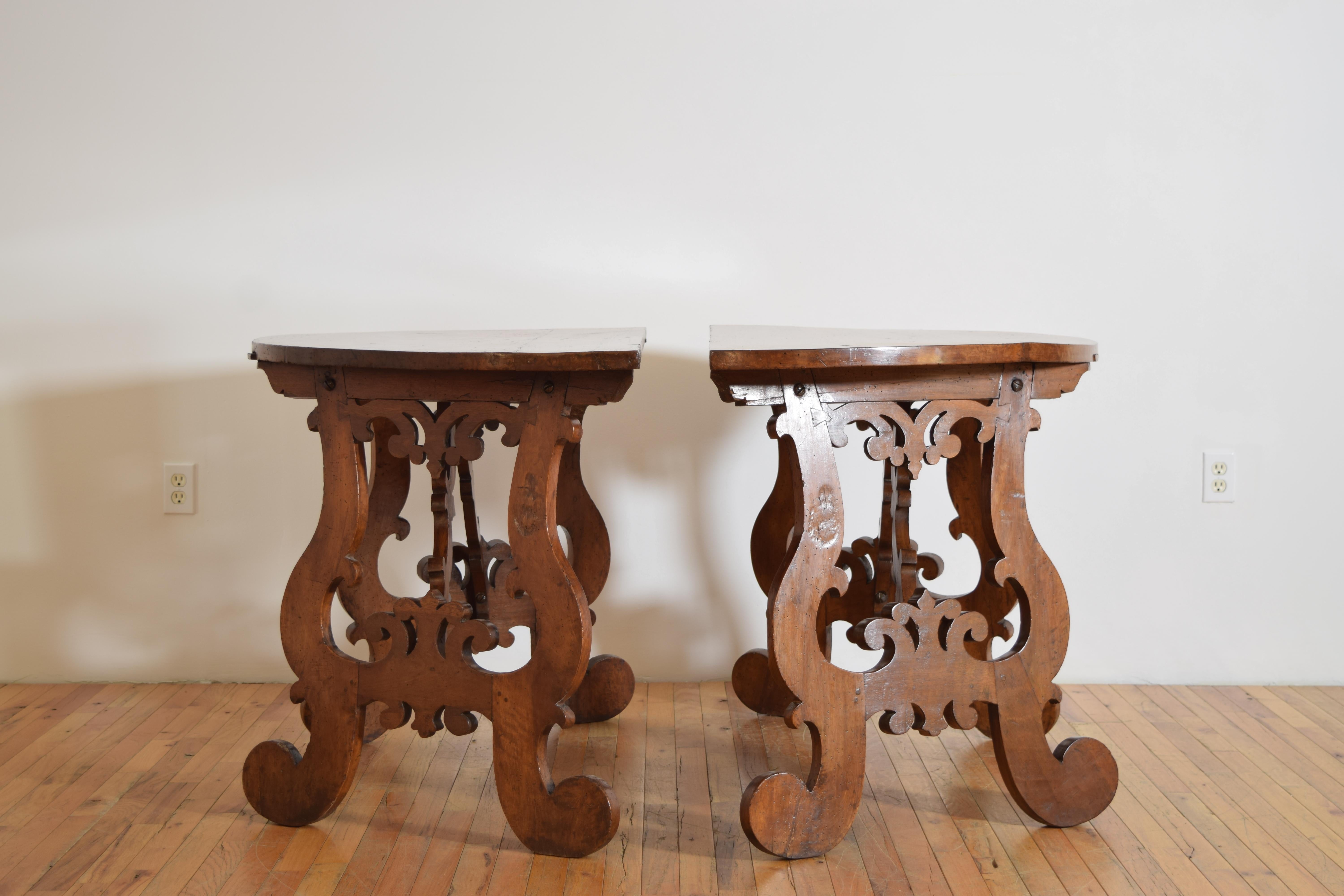 Baroque Pair of Italian, Tuscany, Shaped & Inlaid Demilune Console Tables, Mid-17th C.