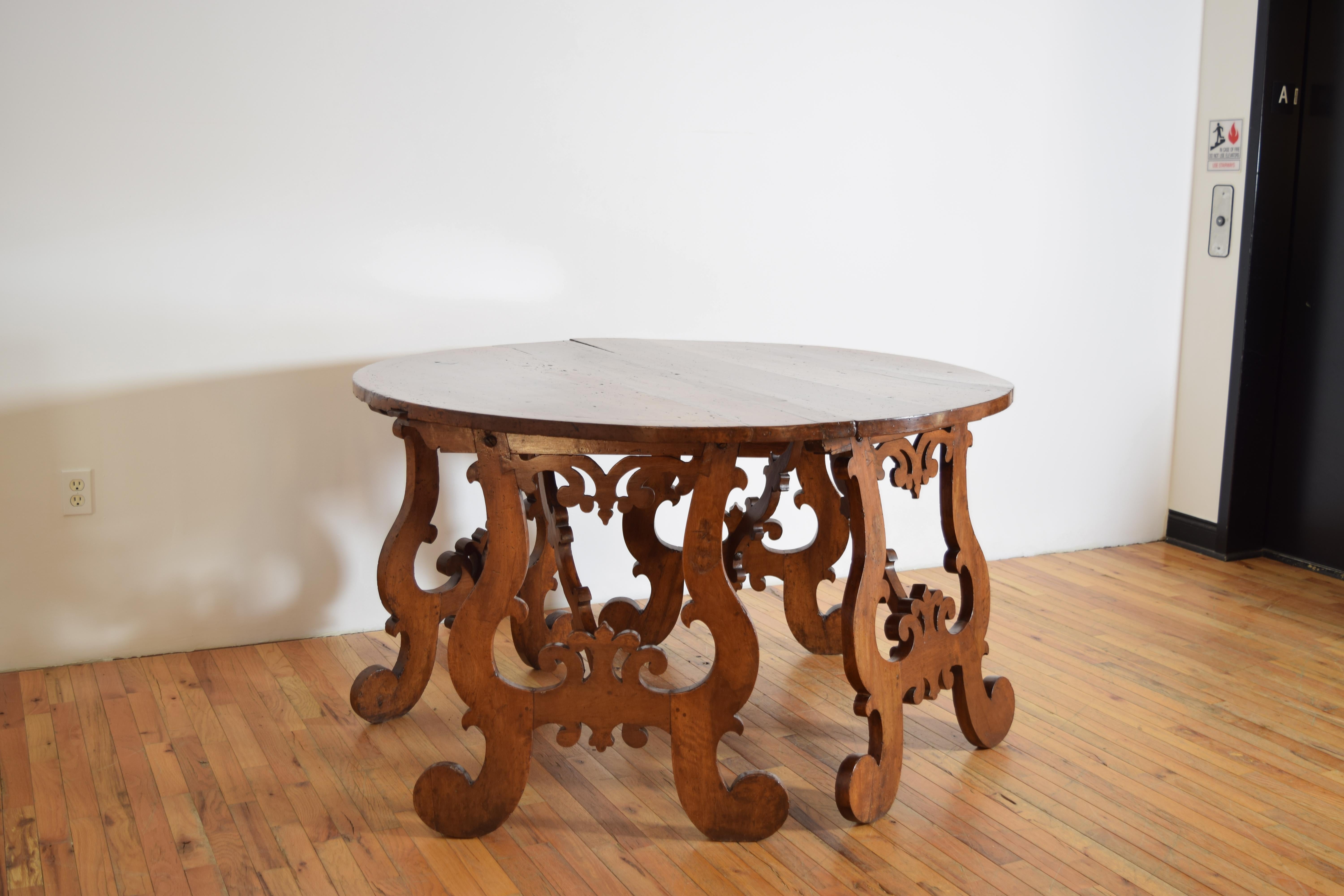 Pair of Italian, Tuscany, Shaped & Inlaid Demilune Console Tables, Mid-17th C. In Good Condition In Atlanta, GA