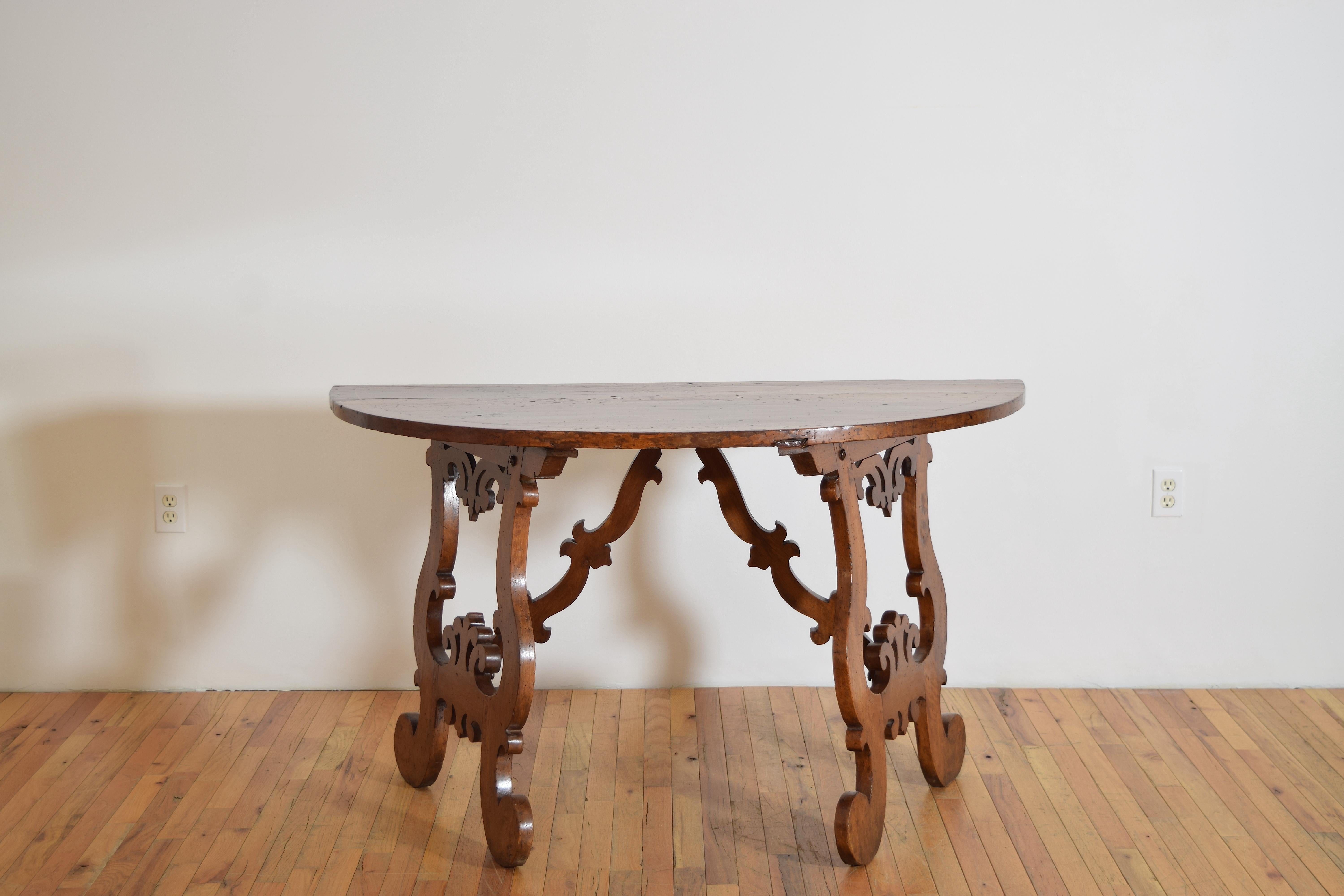 17th Century Pair of Italian, Tuscany, Shaped & Inlaid Demilune Console Tables, Mid-17th C.