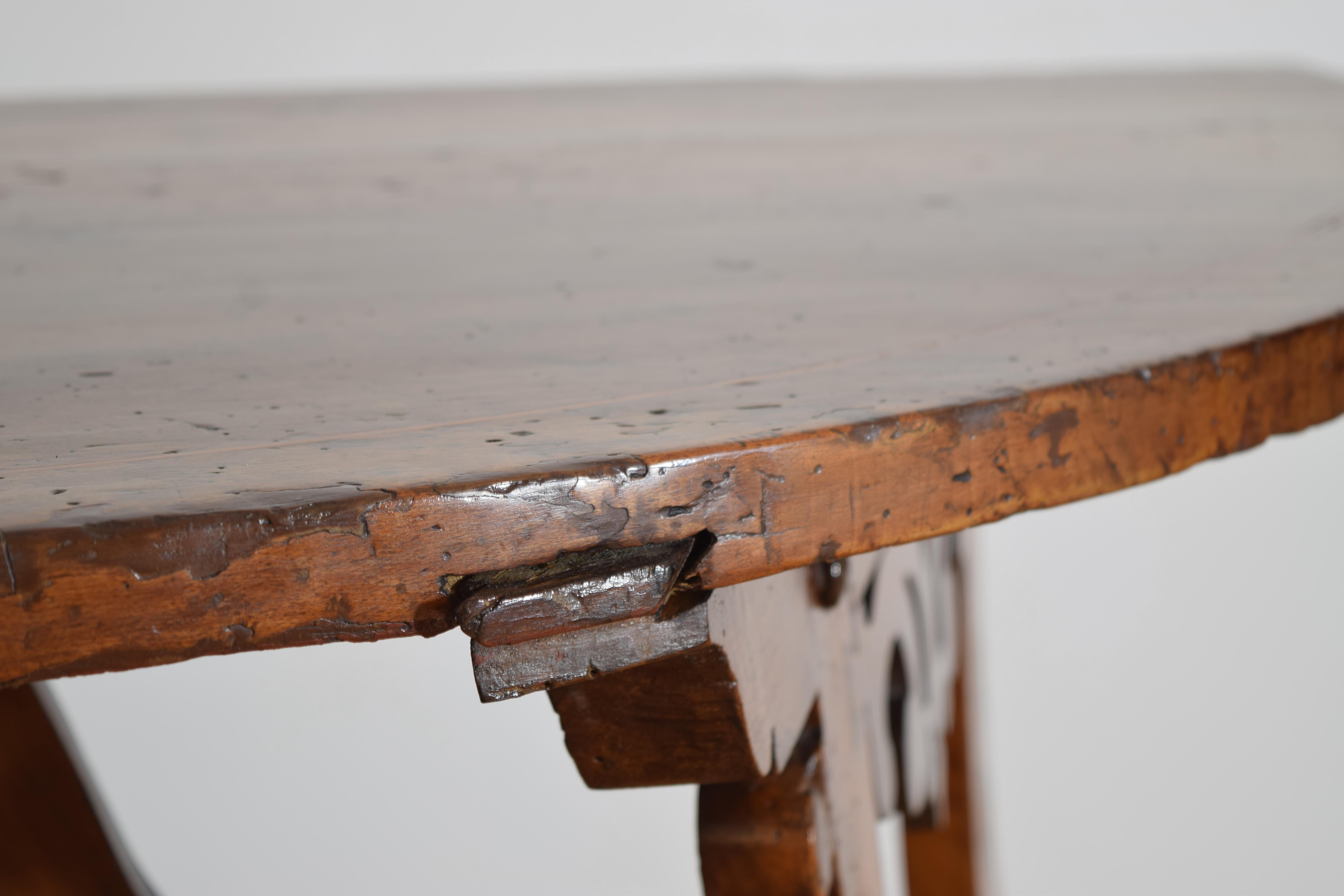 Walnut Pair of Italian, Tuscany, Shaped & Inlaid Demilune Console Tables, Mid-17th C.
