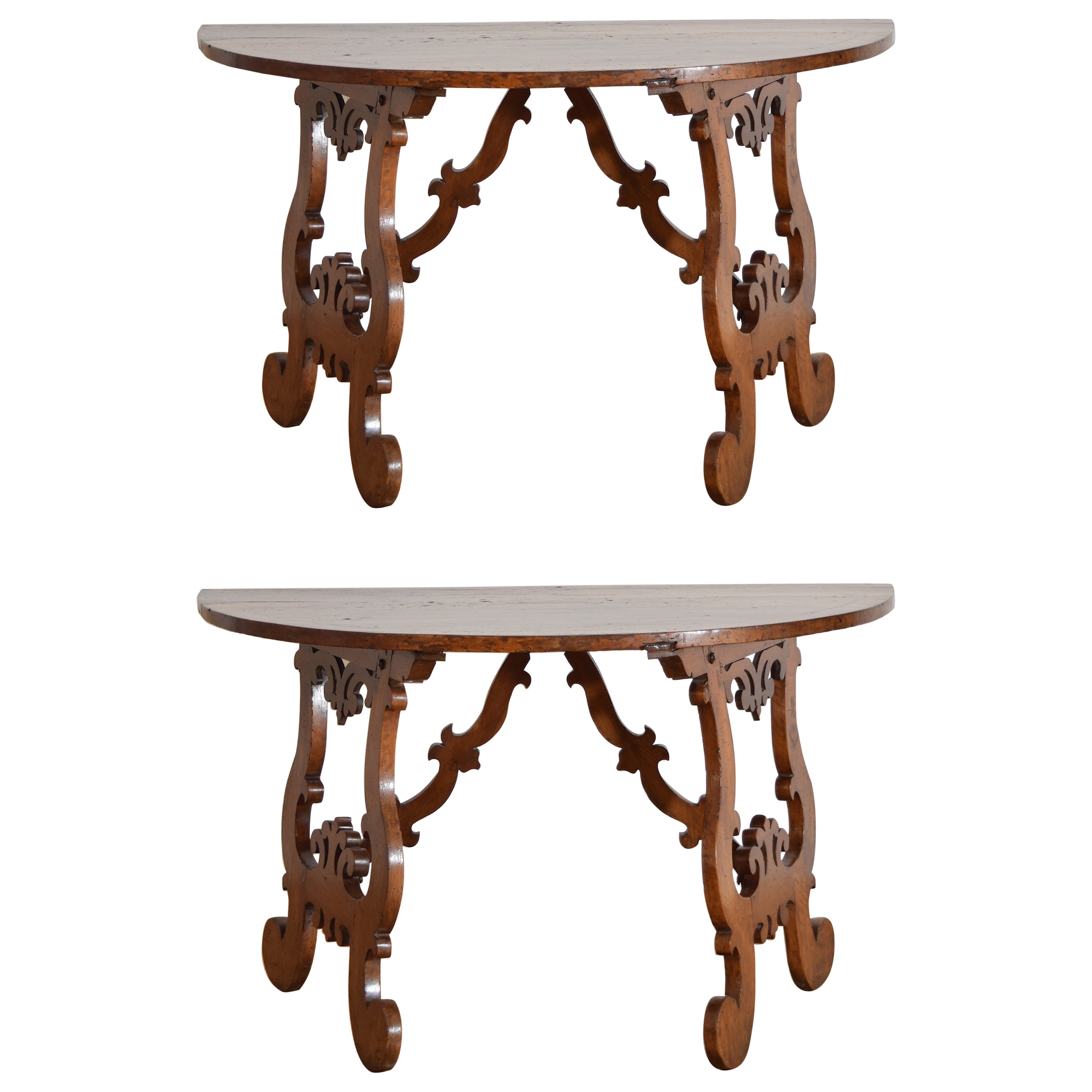 Pair of Italian, Tuscany, Shaped & Inlaid Demilune Console Tables, Mid-17th C.