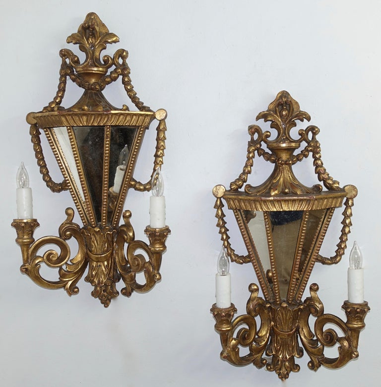 Pair of Italian TwoLight Giltwood and Mirror Wall Sconces For Sale at 1stDibs