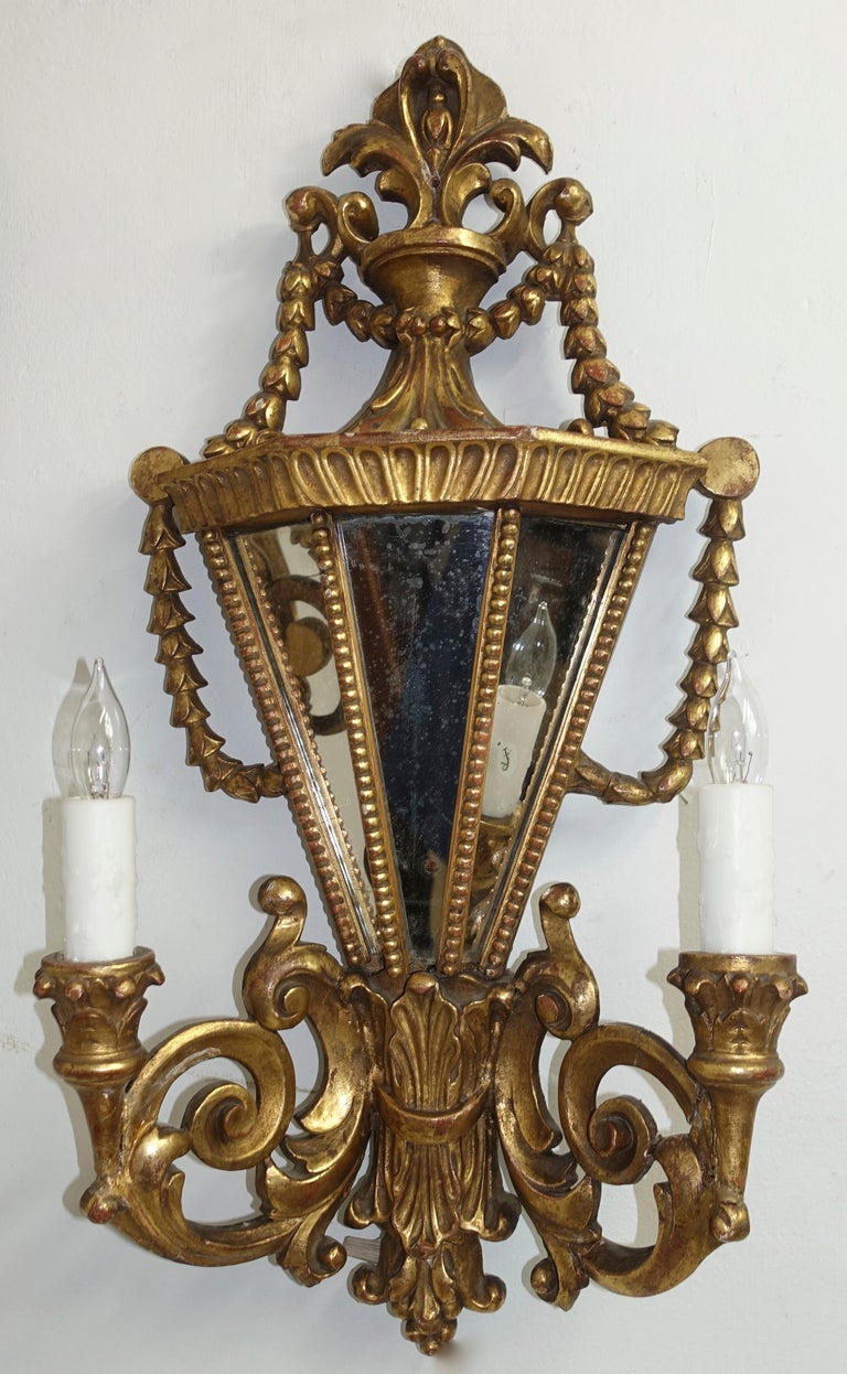 Pair of Italian Two-Light Giltwood and Mirror Wall Sconces ...