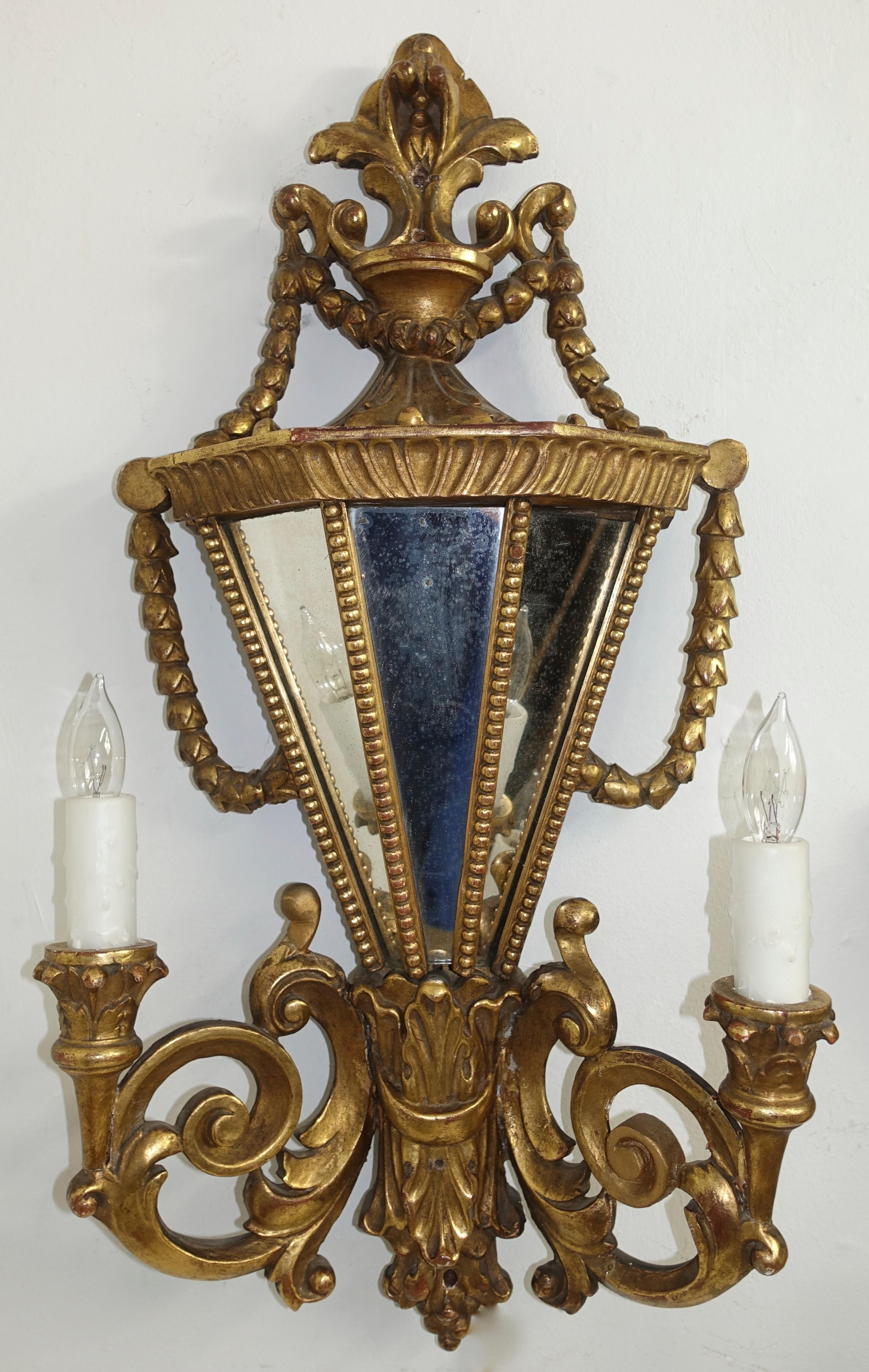 Pair of Italian Two-Light Giltwood and Mirror Wall Sconces 6