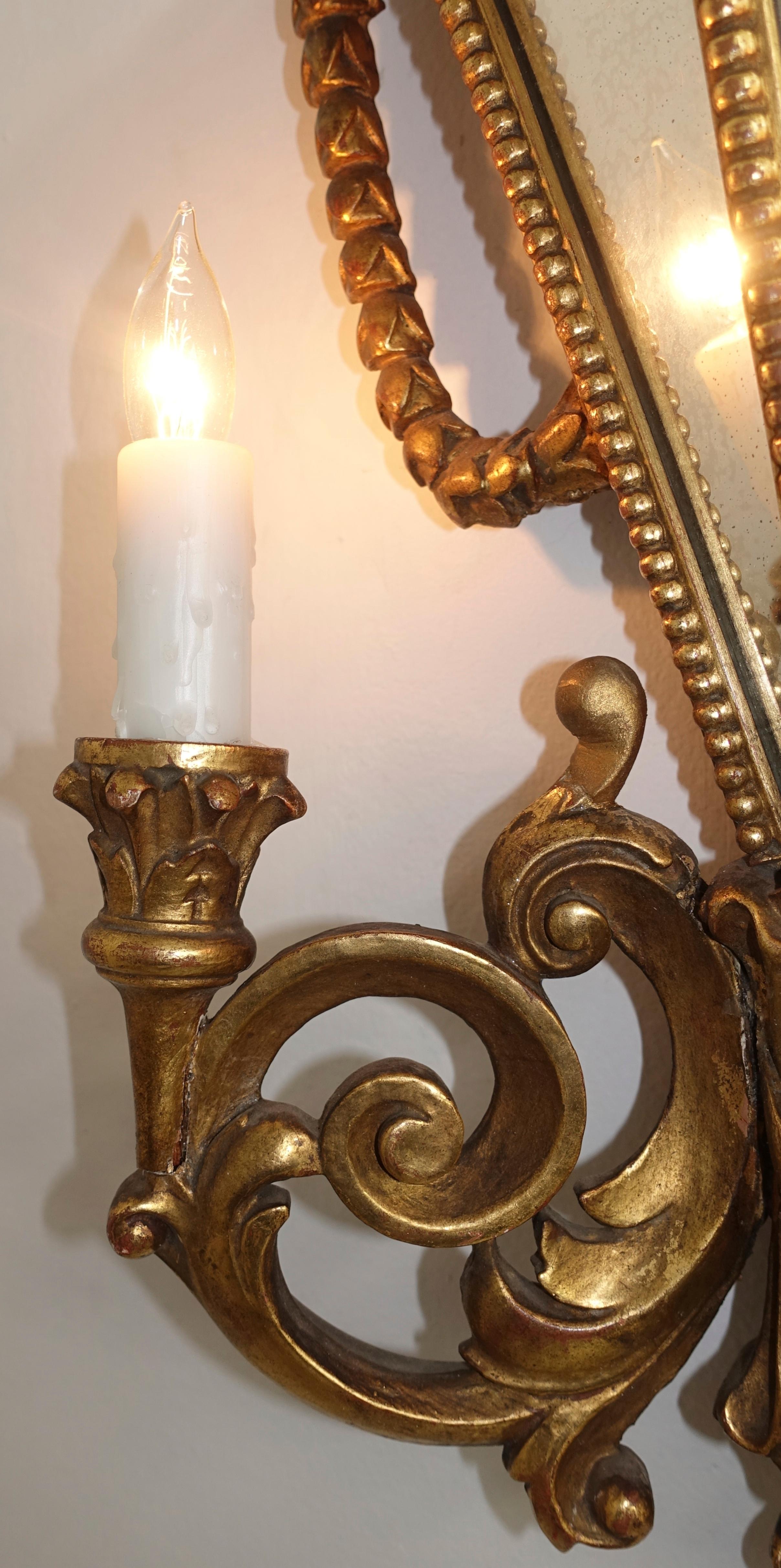 Baroque Revival Pair of Italian Two-Light Giltwood and Mirror Wall Sconces