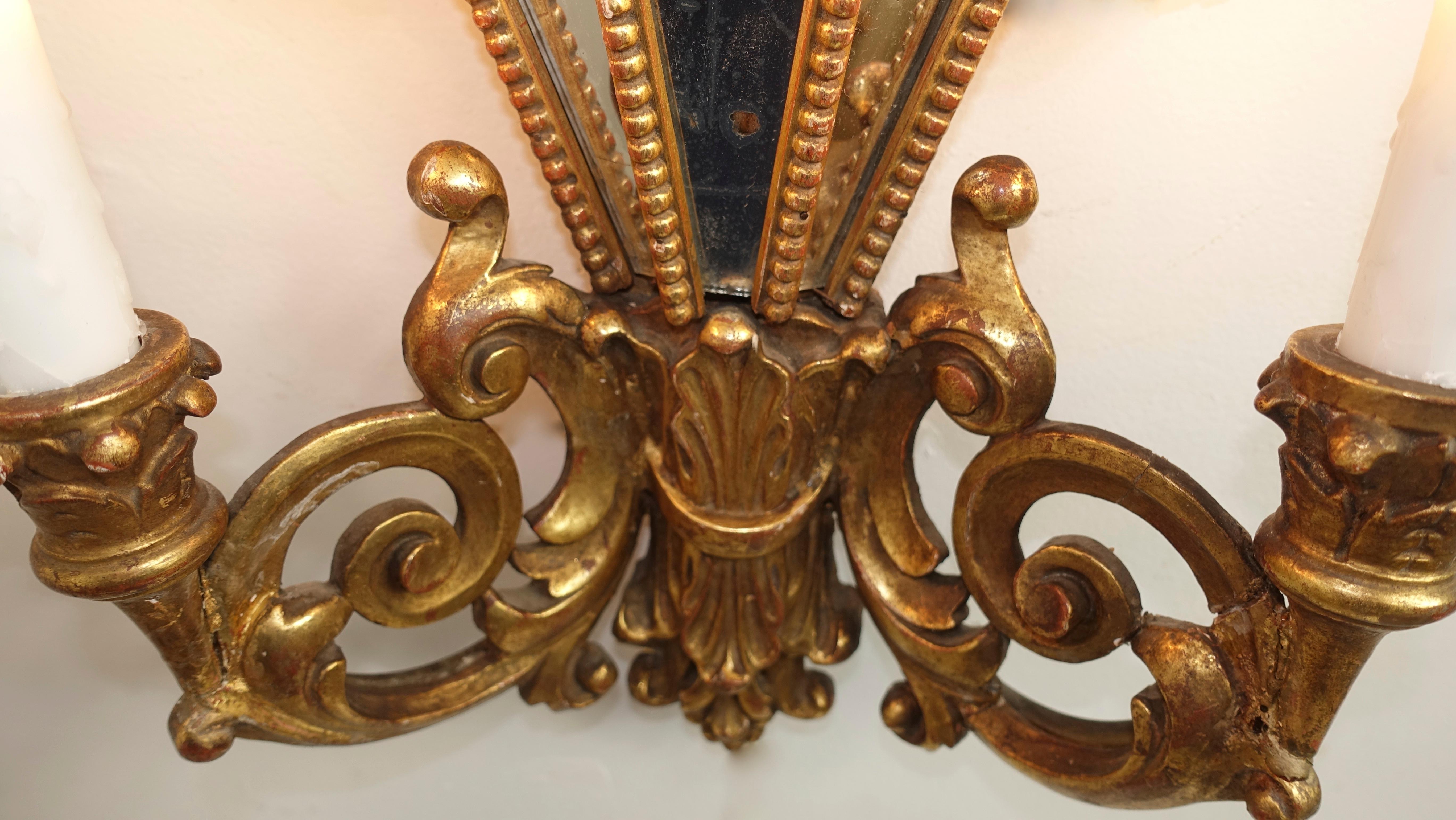 Pair of Italian Two-Light Giltwood and Mirror Wall Sconces In Good Condition In San Francisco, CA