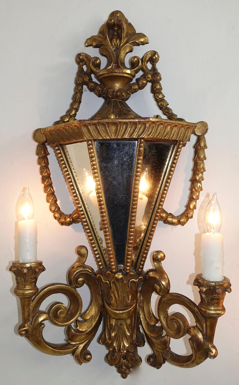 Pair of Italian TwoLight Giltwood and Mirror Wall Sconces For Sale at 1stDibs