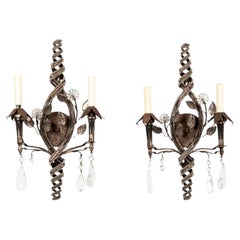 Pair of Italian Two-Light Sconces Beaded and Cut-Glass Silvered