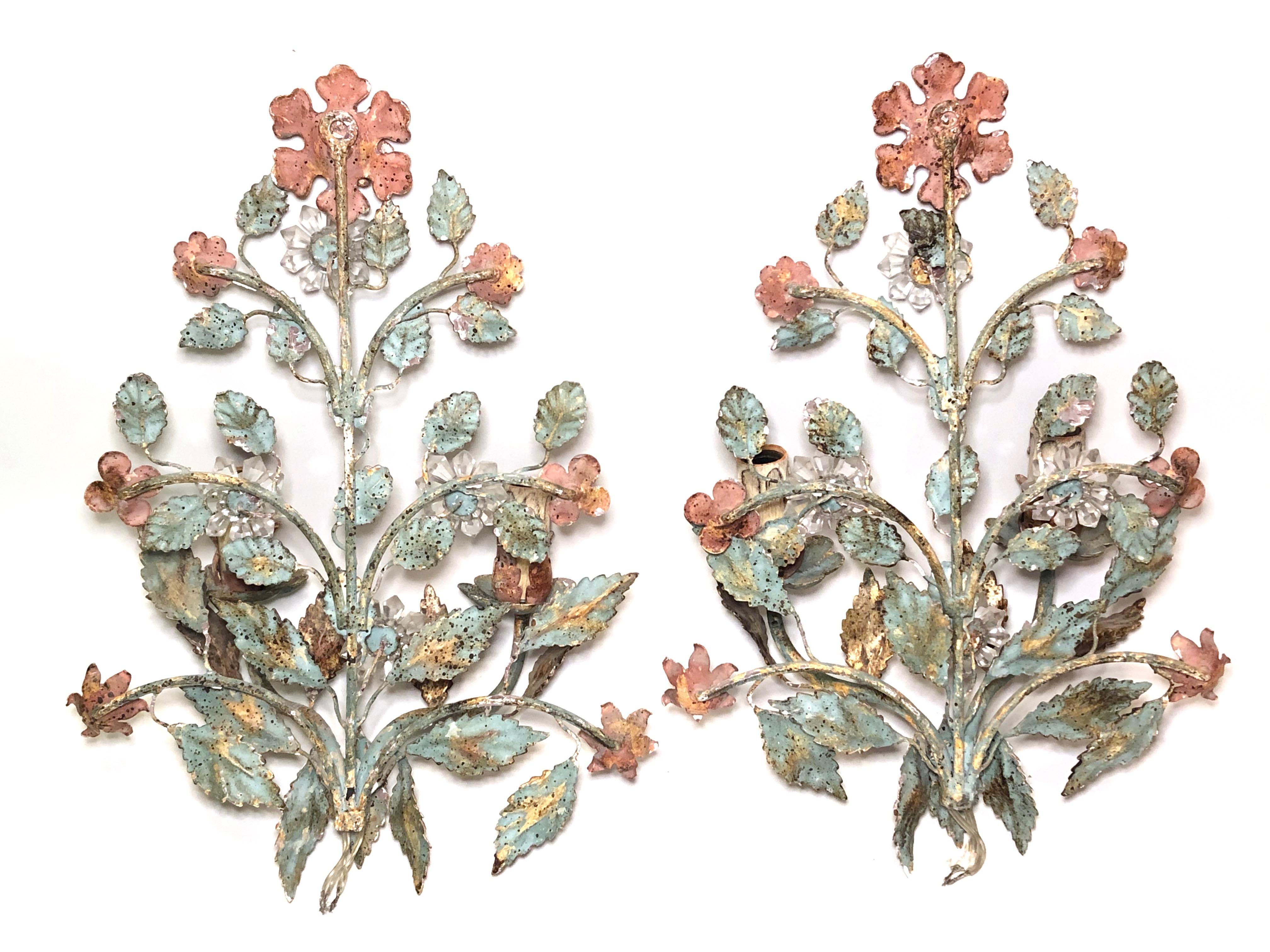 Pair of Italian Two-Light Sconces polychrome Painted and Crystals Banci Firence 8