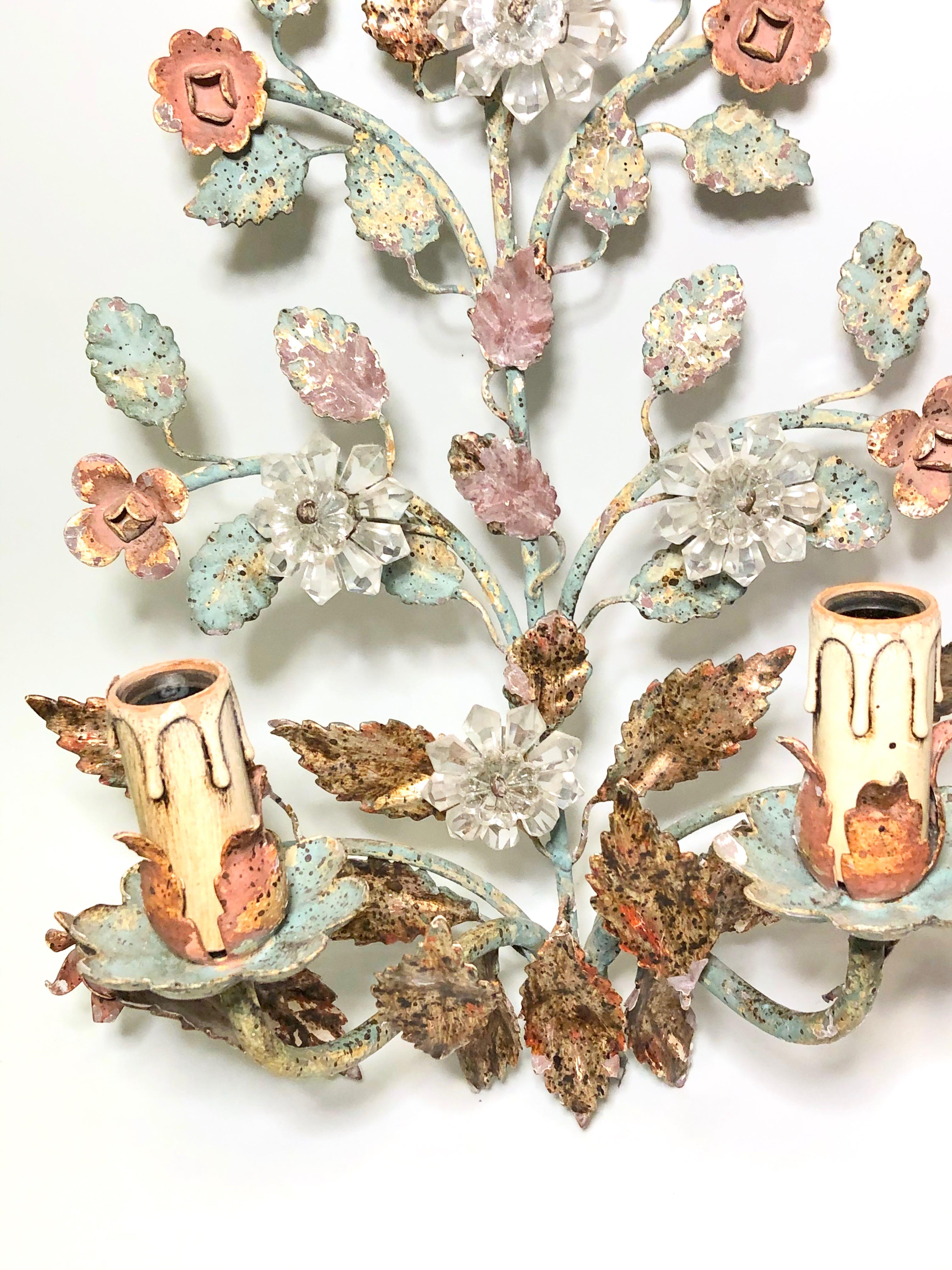 Mid-20th Century Pair of Italian Two-Light Sconces polychrome Painted and Crystals Banci Firence