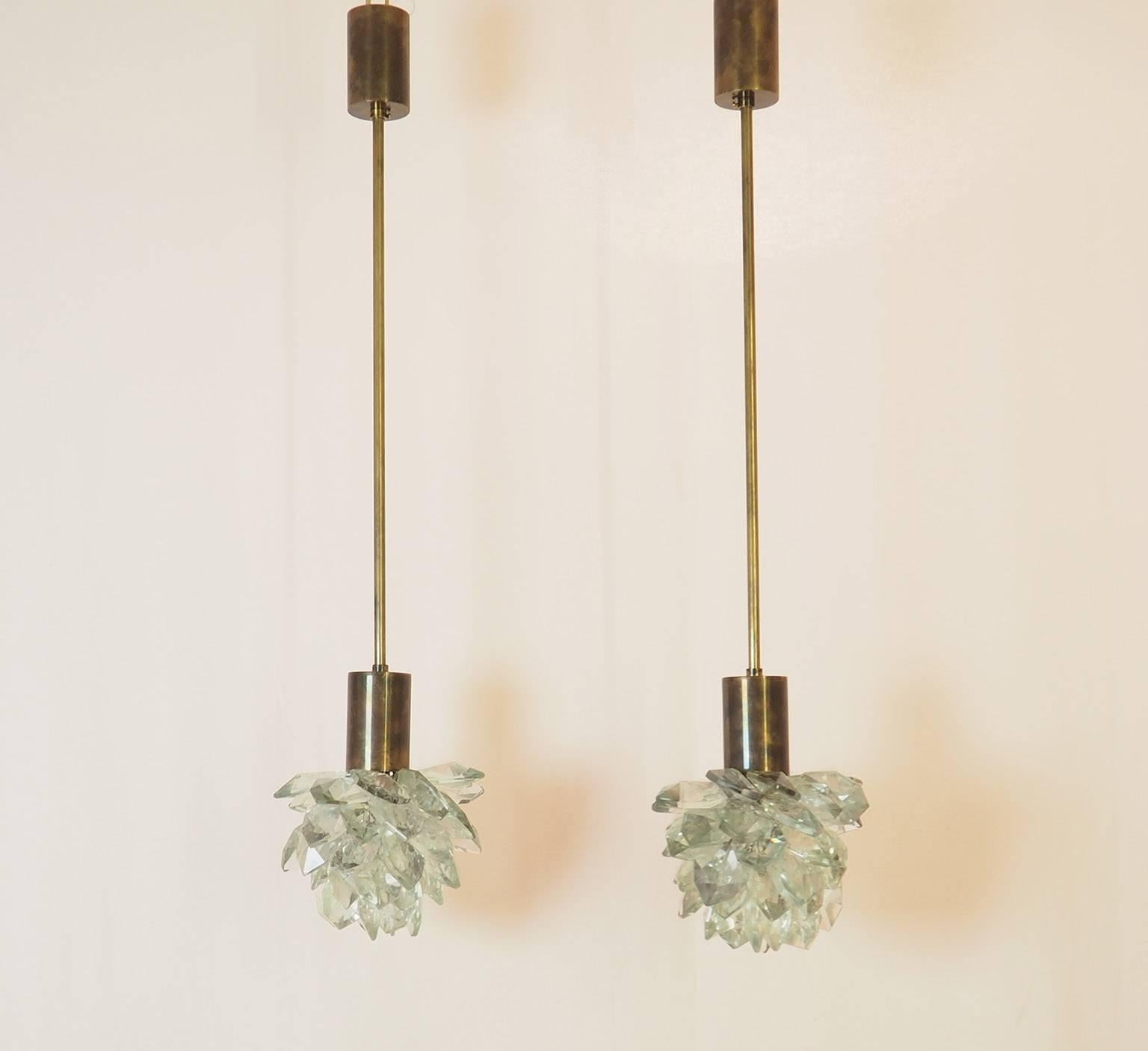 Mid-Century Modern Pair of Italian Midcentury  Pendants  with Cutted Crystal Gemme, Milano 1980s
