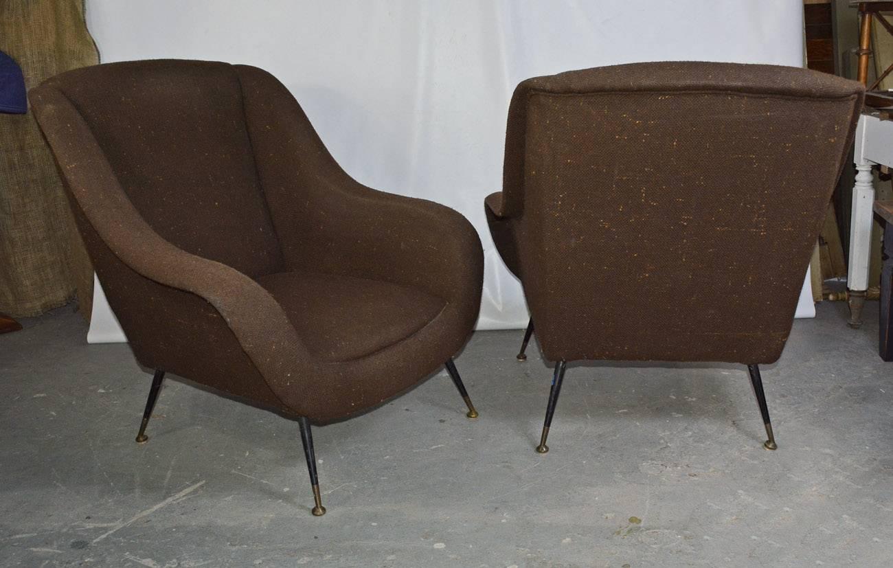 Mid-Century Modern Pair of Italian Upholstered Club Chairs