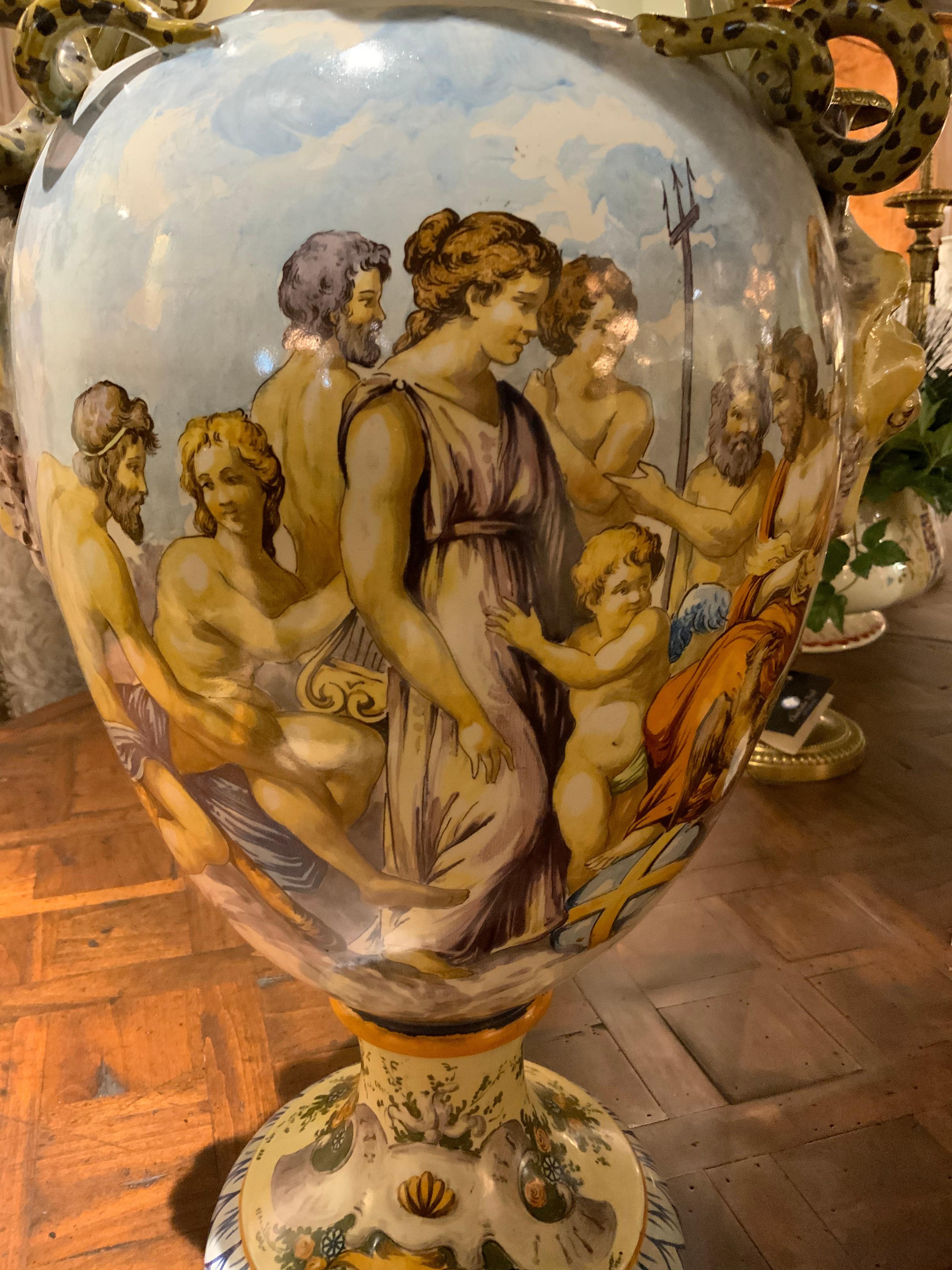 Pair of Italian Urbino Style Majolica Vases, Hand Painted 3