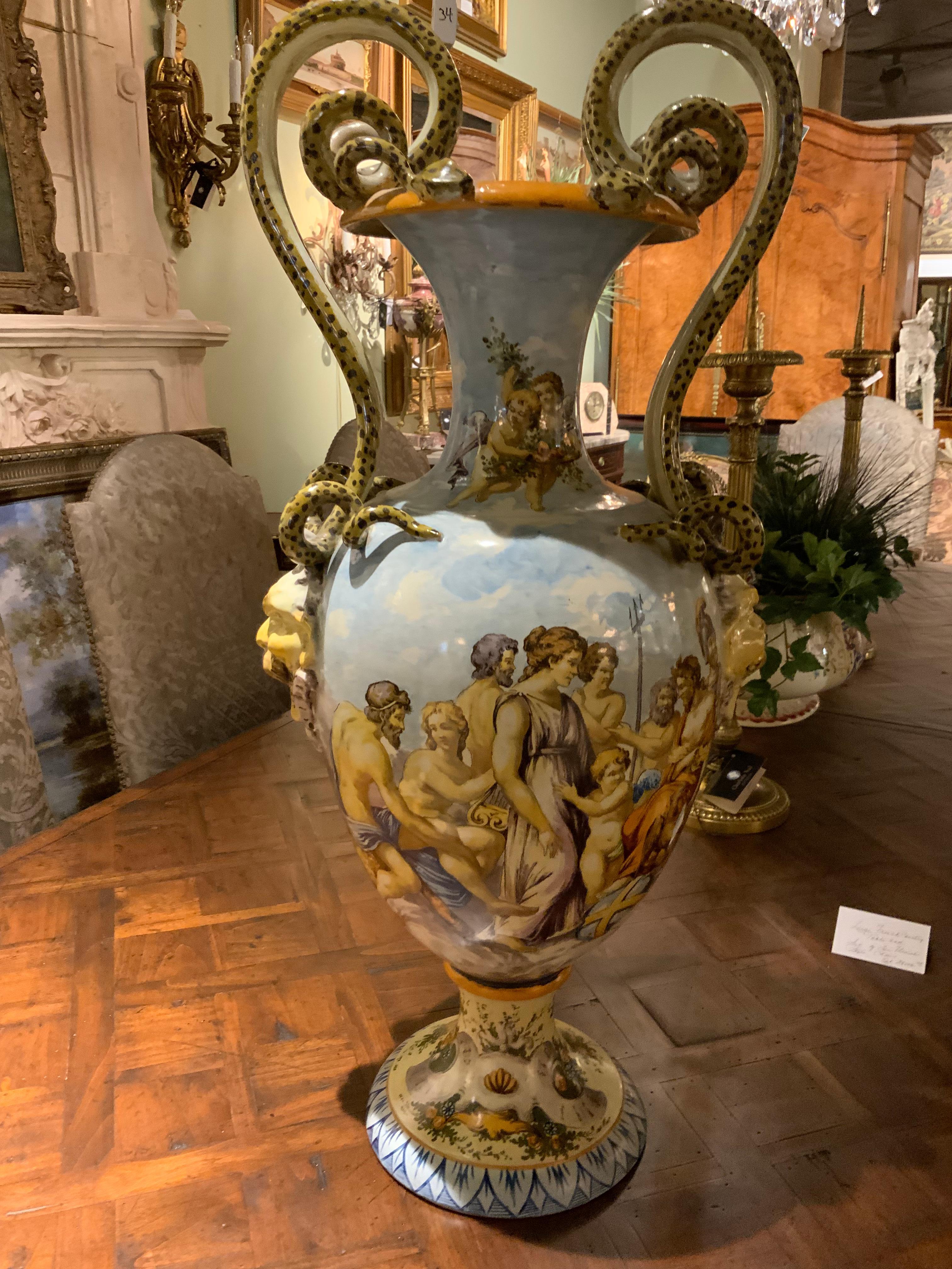 Pair of Italian Urbino Style Majolica Vases, Hand Painted 4