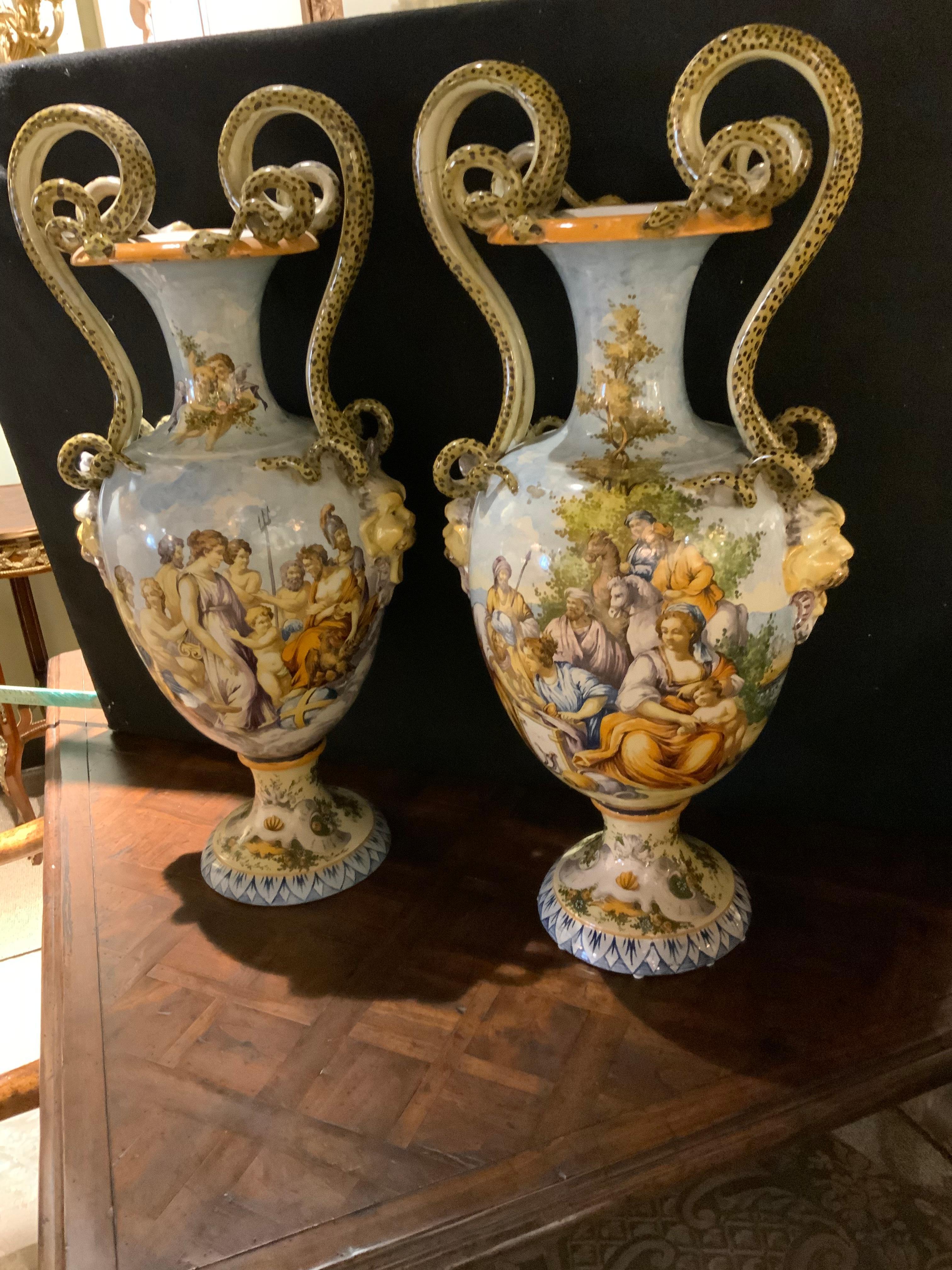 Hand-Painted Pair of Italian Urbino Style Majolica Vases, Hand Painted