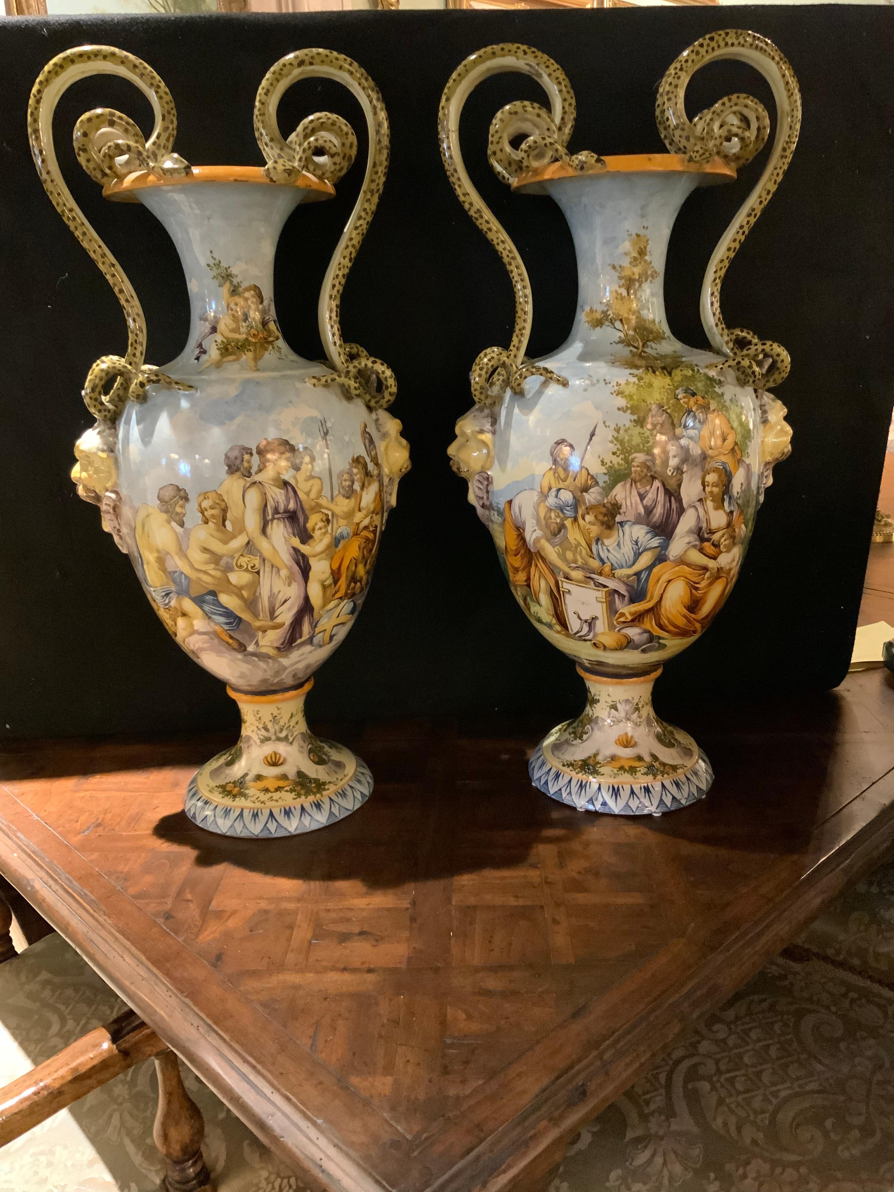 Pair of Italian Urbino Style Majolica Vases, Hand Painted In Good Condition In Houston, TX