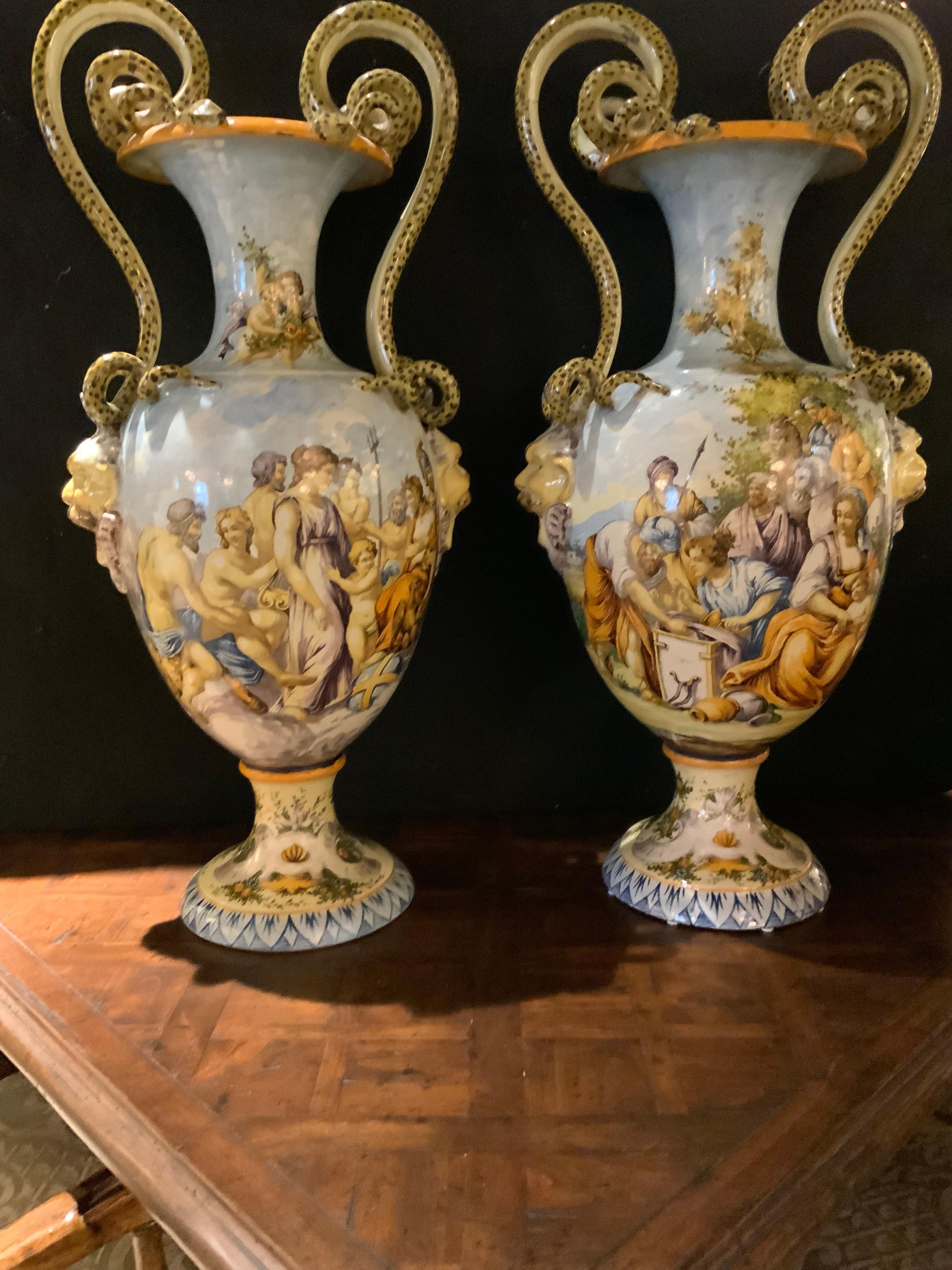 20th Century Pair of Italian Urbino Style Majolica Vases, Hand Painted