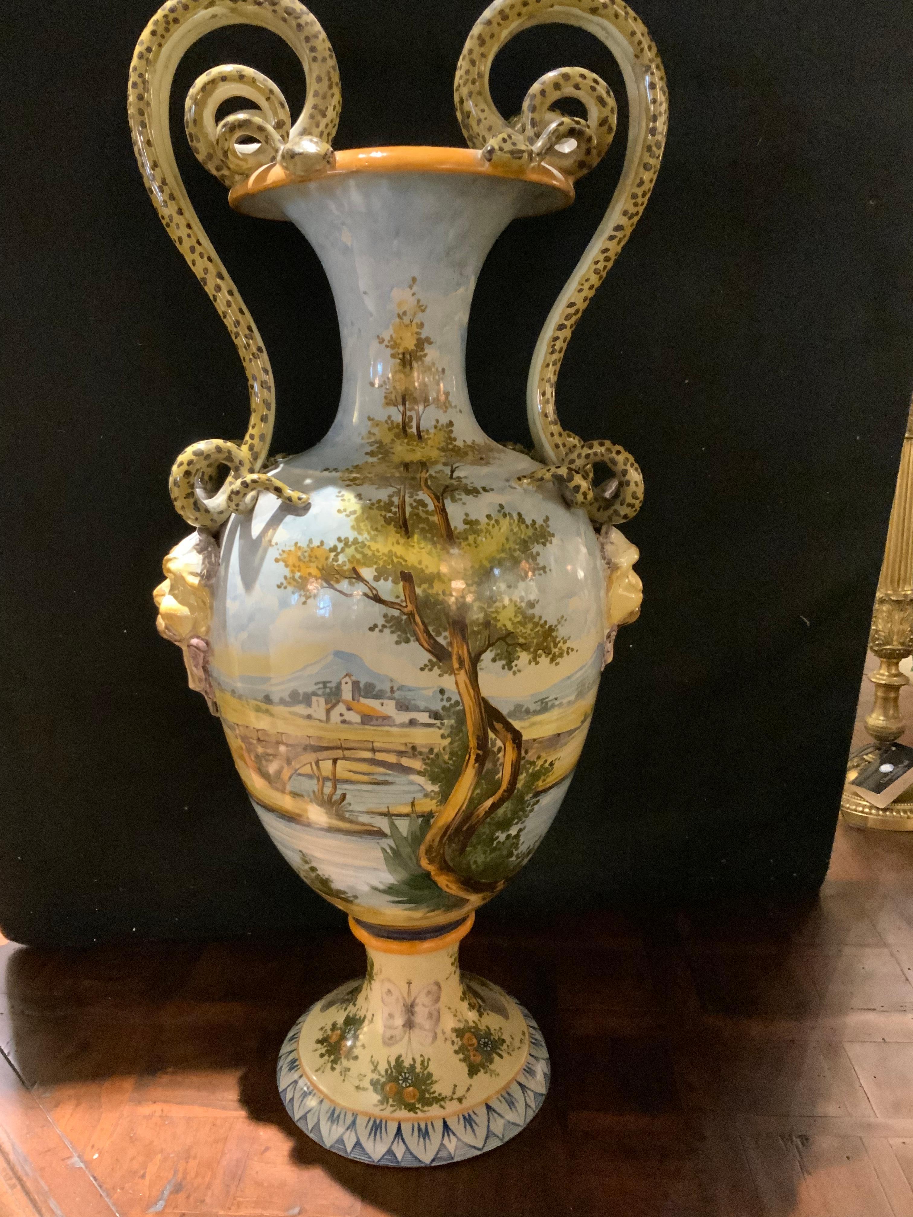 Porcelain Pair of Italian Urbino Style Majolica Vases, Hand Painted