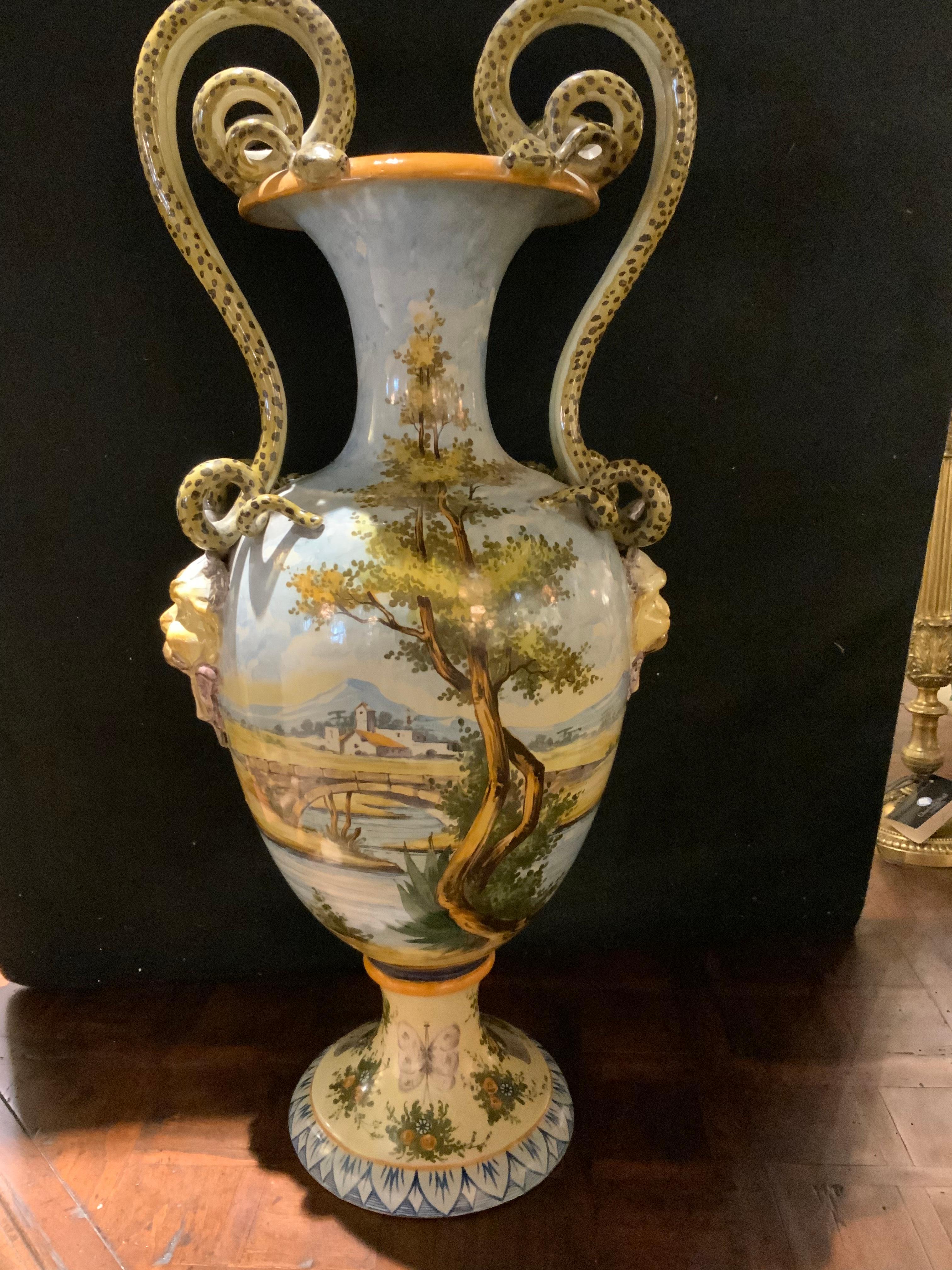 Pair of Italian Urbino Style Majolica Vases, Hand Painted In Good Condition In Houston, TX