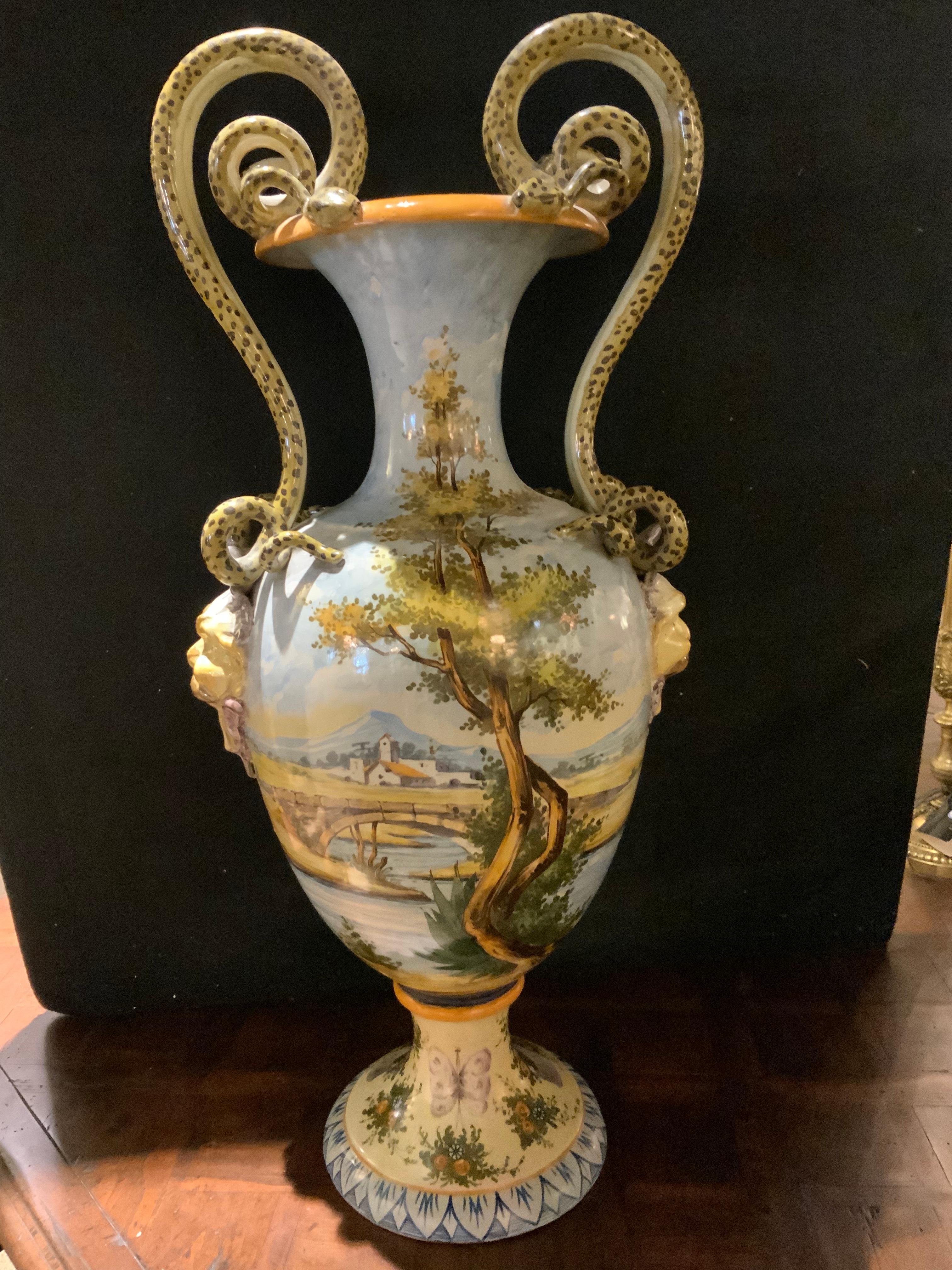 Pair of Italian Urbino Style Majolica Vases, Hand Painted 1