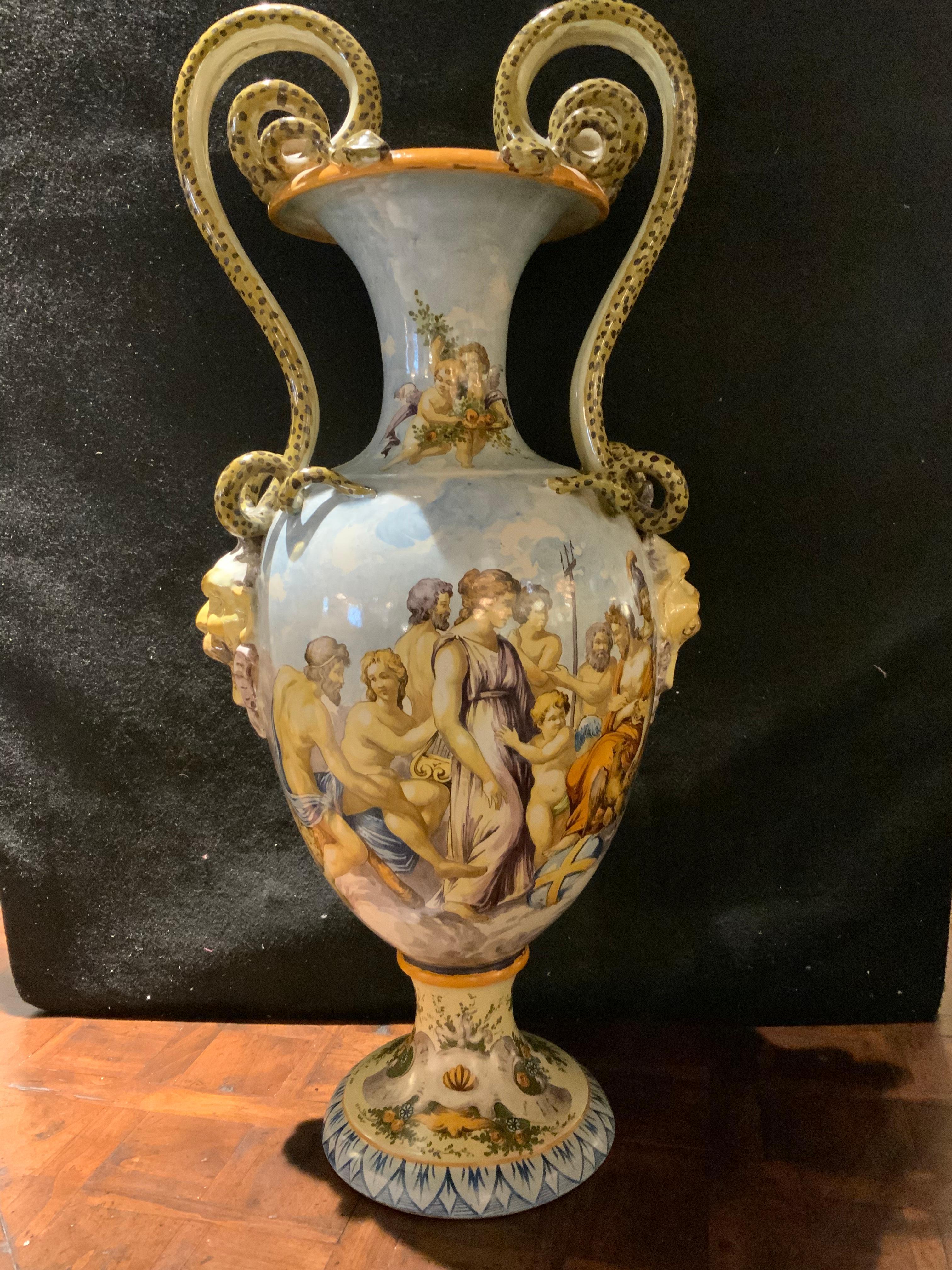 Pair of Italian Urbino Style Majolica Vases, Hand Painted 2