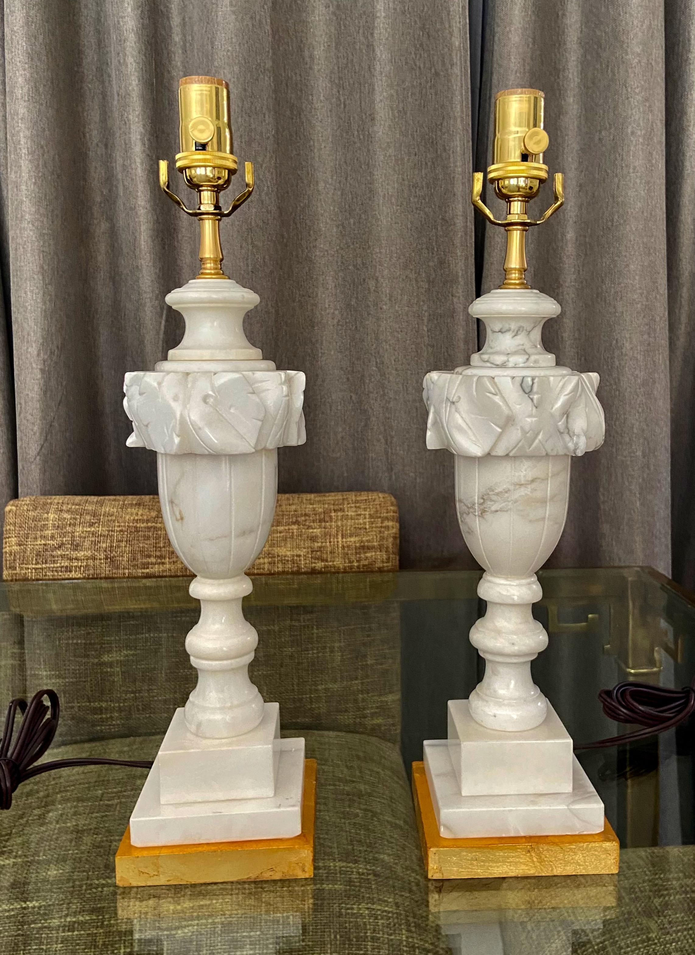 Pair of Italian Urn Neoclassic Alabaster Table Lamps For Sale 13